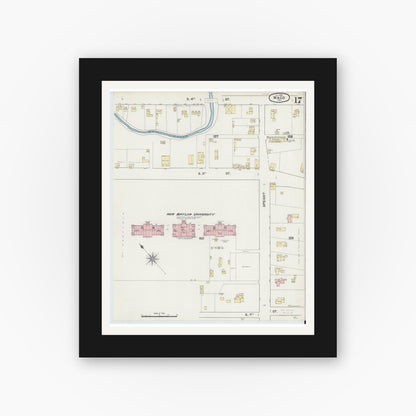 Old map wall art mockup — black gallery frame with white mat — Sanborn Fire Insurance Map from Waco, McLennan County, Texas (1889), Sheet #0017