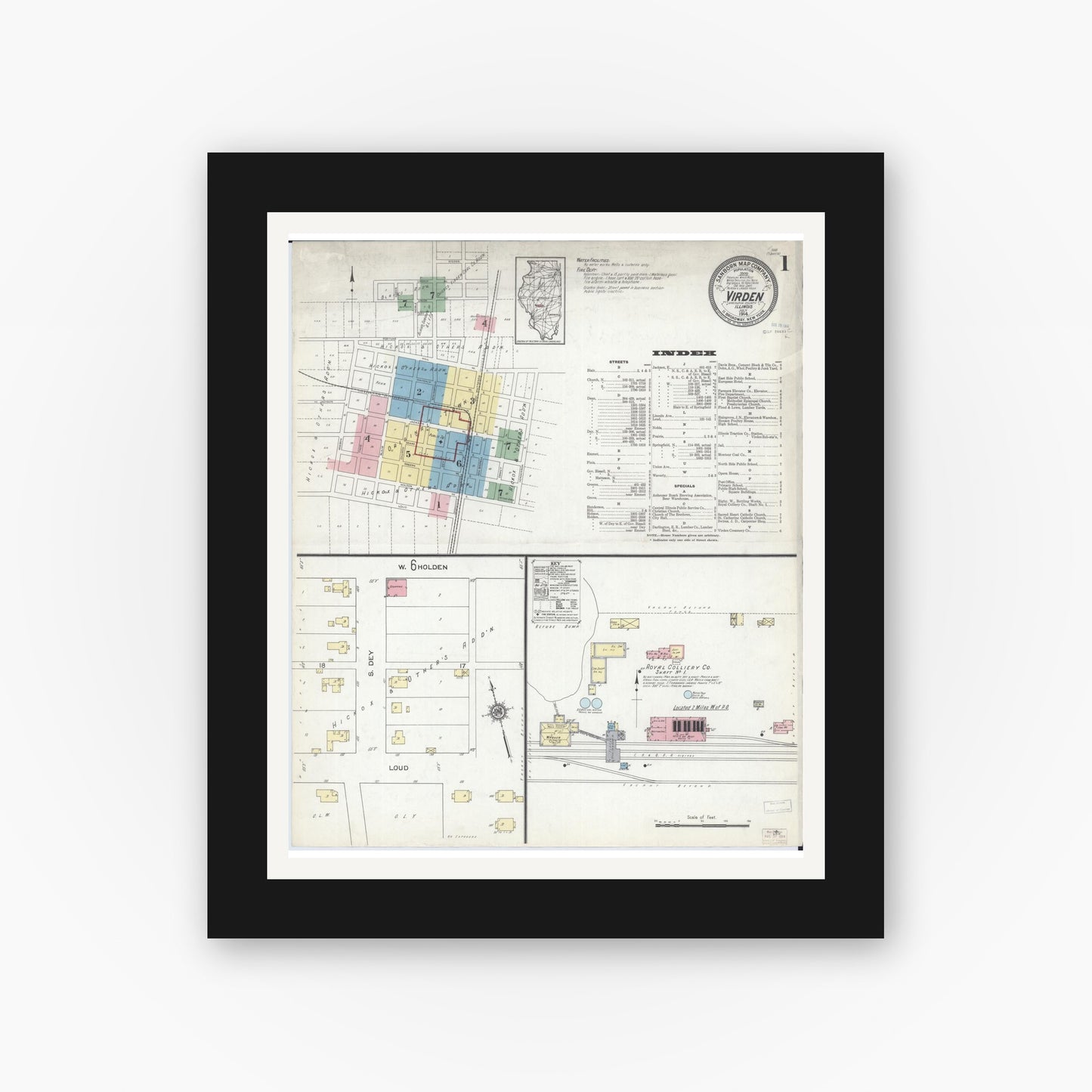 Old map wall art mockup — black gallery frame with white mat — Sanborn Fire Insurance Map from Virden, Macoupin County, Illinois (1914) - Complete Map Set