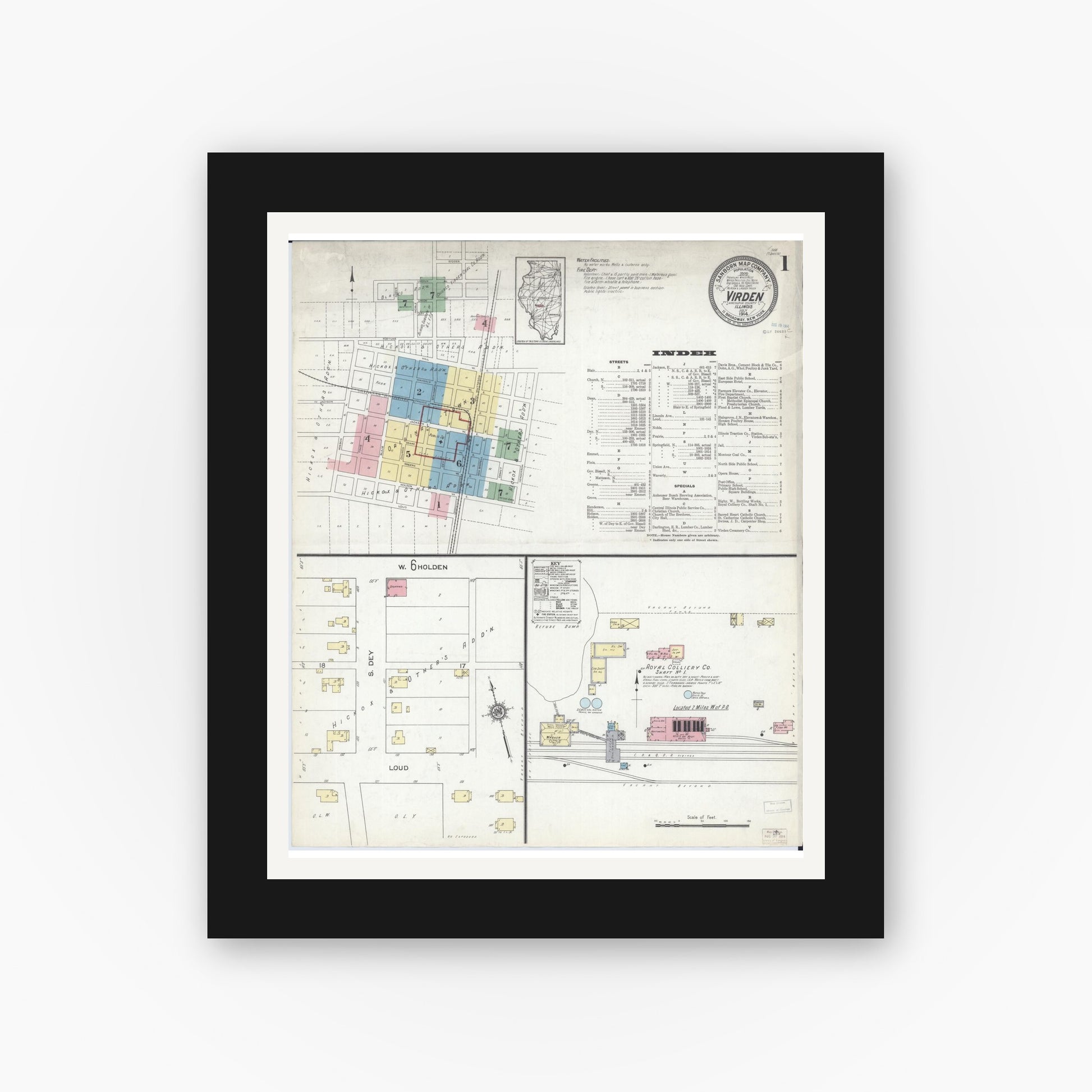 Old map wall art mockup — black gallery frame with white mat — Sanborn Fire Insurance Map from Virden, Macoupin County, Illinois (1914) - Complete Map Set
