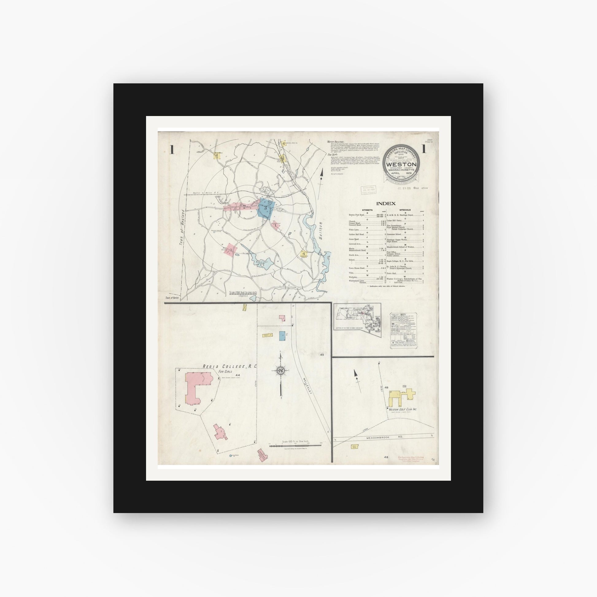 Old map wall art mockup — black gallery frame with white mat — Sanborn Fire Insurance Map from Weston, Middlesex County, Massachusetts (1929) - Complete Map Set