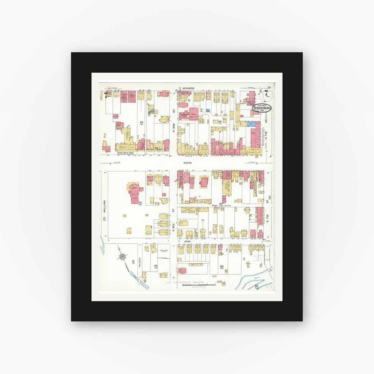 Old map wall art mockup — black gallery frame with white mat — Sanborn Fire Insurance Map from Stroudsburg, Monroe County, Pennsylvania (1923), Sheet #0007