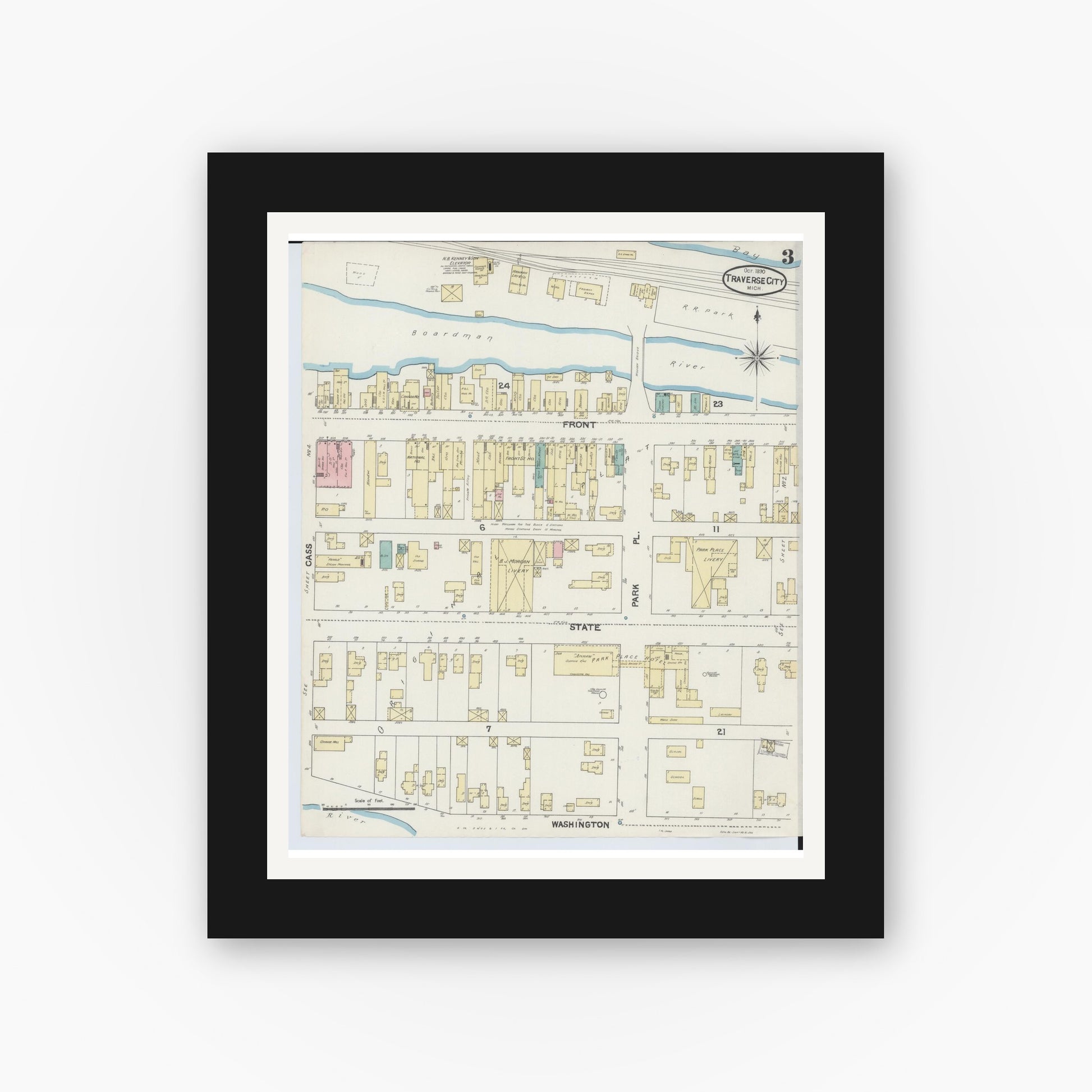 Old map wall art mockup — black gallery frame with white mat — Sanborn Fire Insurance Map from Traverse City, Grand Traverse County, Michigan (1890), Sheet #0003