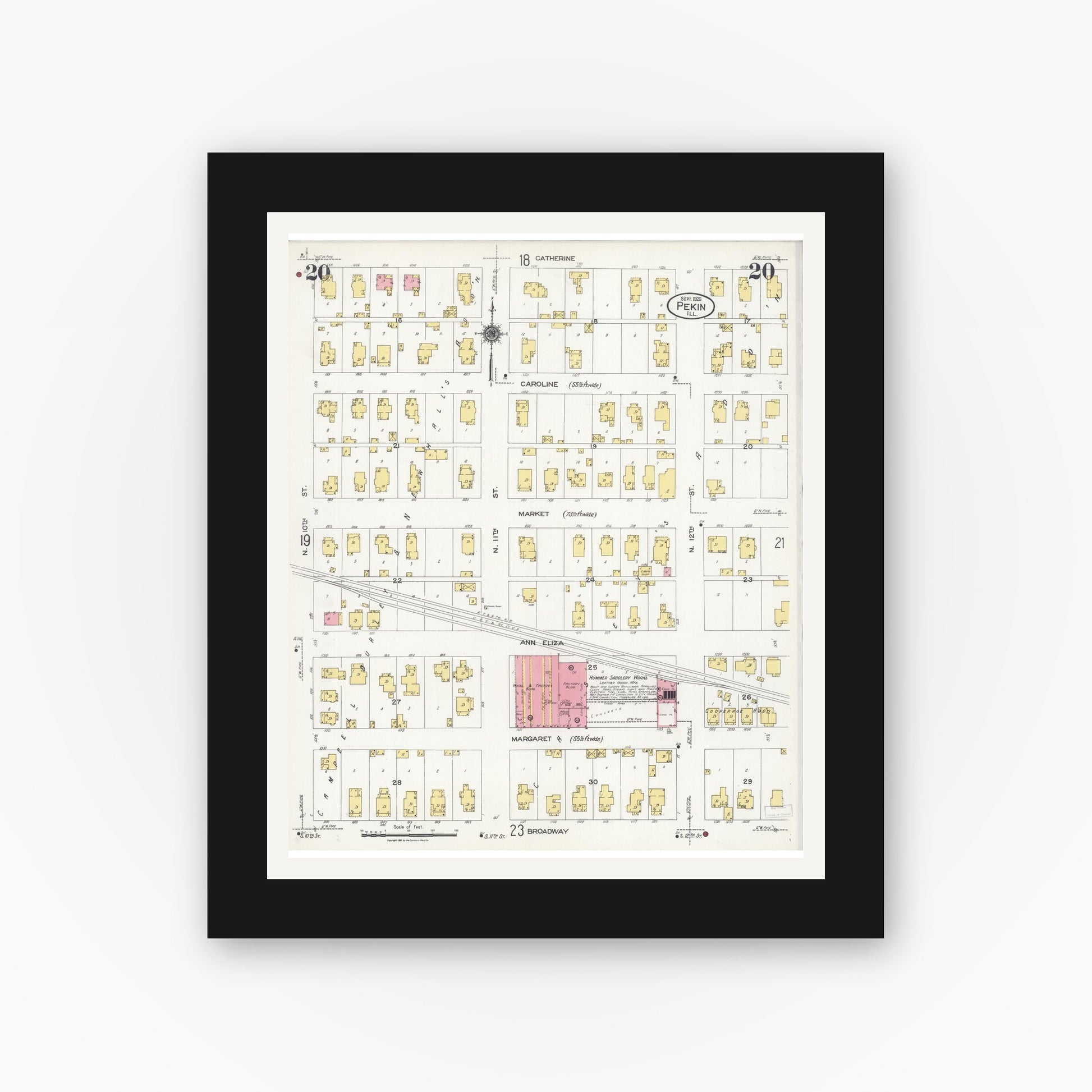 Old map wall art mockup — black gallery frame with white mat — Sanborn Fire Insurance Map from Pekin, Tazewell County, Illinois (1925), Sheet #0020