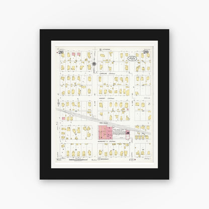 Old map wall art mockup — black gallery frame with white mat — Sanborn Fire Insurance Map from Pekin, Tazewell County, Illinois (1925), Sheet #0020
