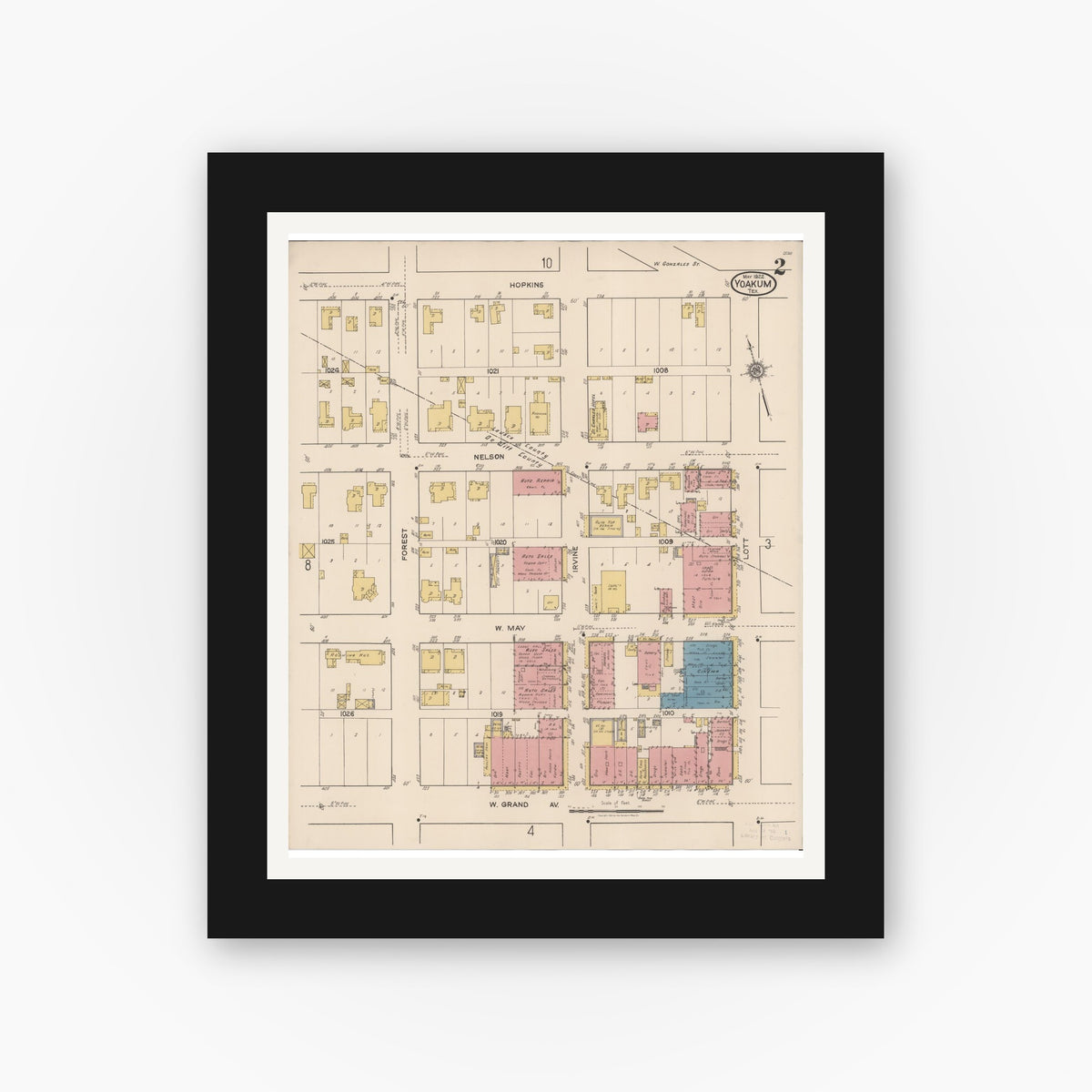 Old map wall art mockup — black gallery frame with white mat — Sanborn Fire Insurance Map from Yoakum, De Witt And Lavaca Counties, Texas (1922), Sheet #0002