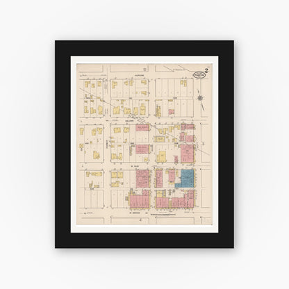 Old map wall art mockup — black gallery frame with white mat — Sanborn Fire Insurance Map from Yoakum, De Witt And Lavaca Counties, Texas (1922), Sheet #0002