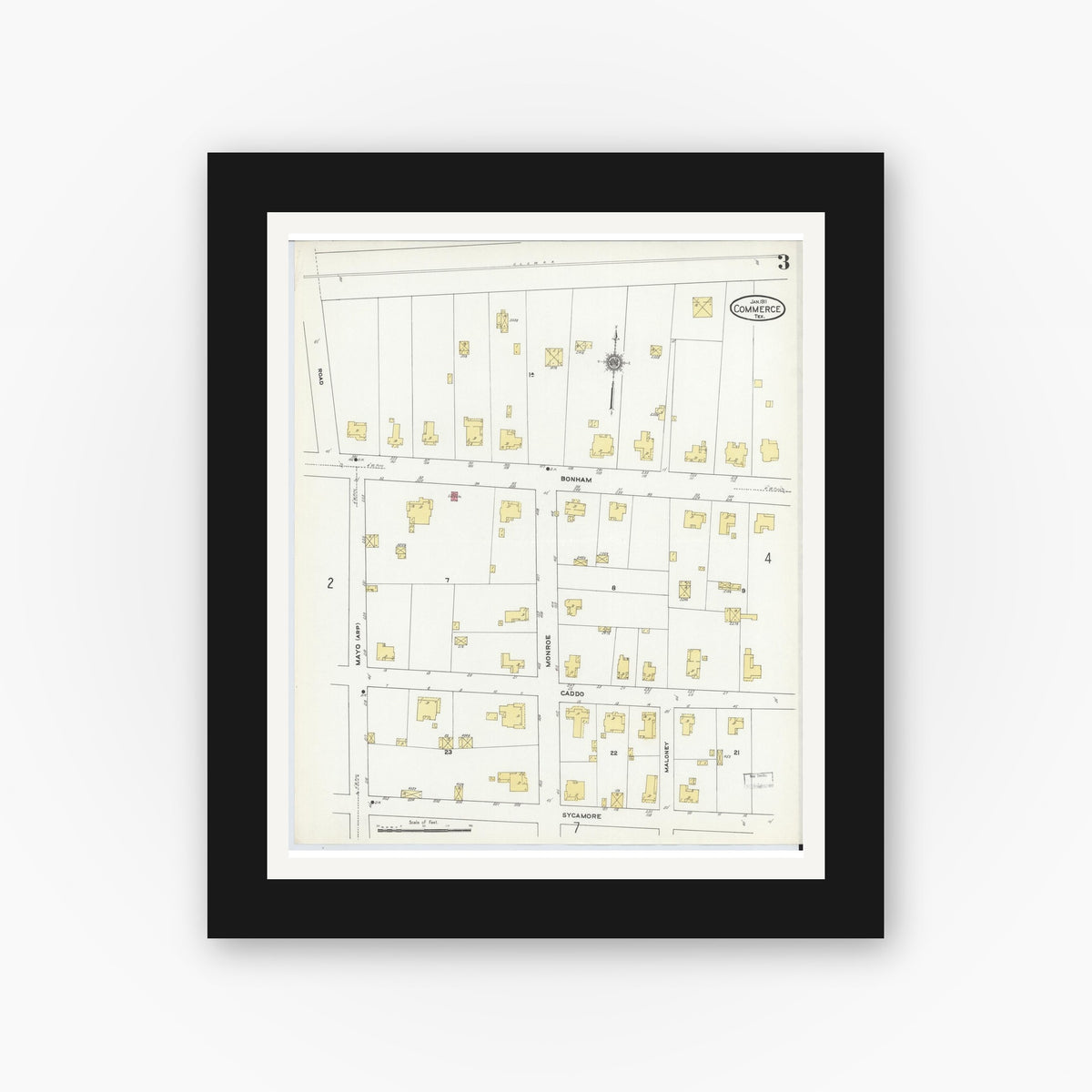 Old map wall art mockup — black gallery frame with white mat — Sanborn Fire Insurance Map from Commerce, Hunt County, Texas (1911), Sheet #0003