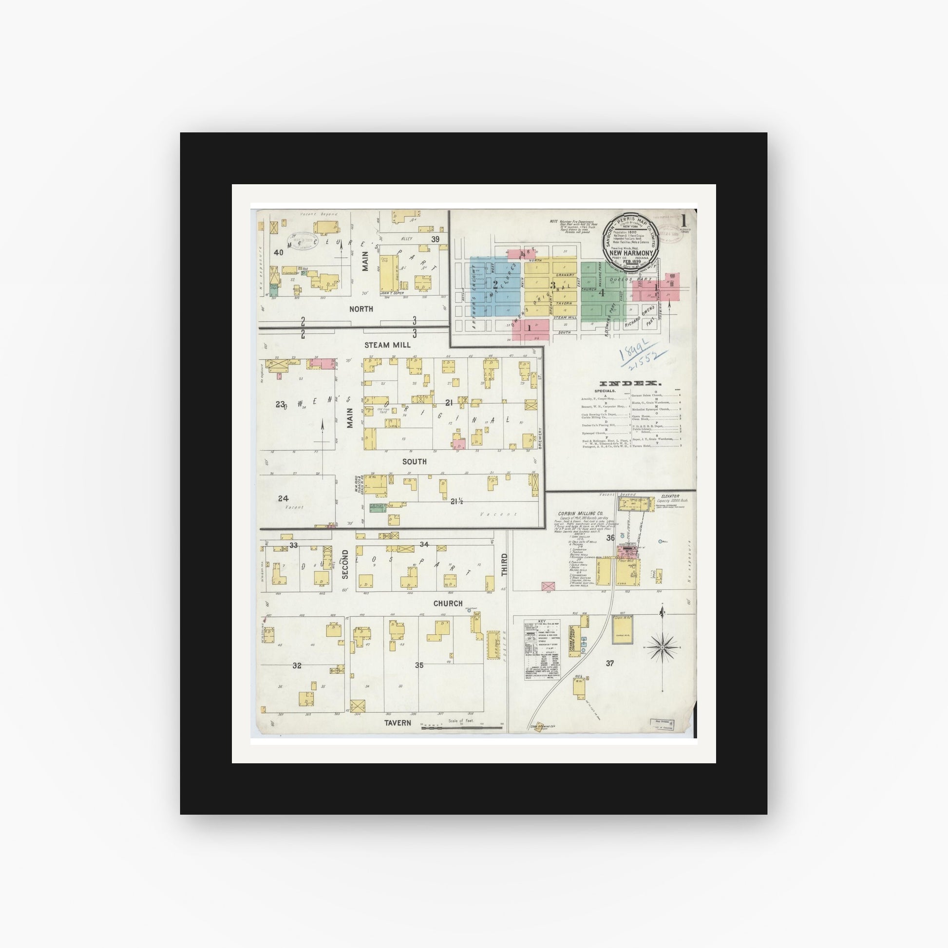 Old map wall art mockup — black gallery frame with white mat — Sanborn Fire Insurance Map from New Harmony, Posey County, Indiana (1899), Sheet #0001