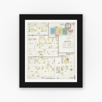 Old map wall art mockup — black gallery frame with white mat — Sanborn Fire Insurance Map from New Harmony, Posey County, Indiana (1899), Sheet #0001