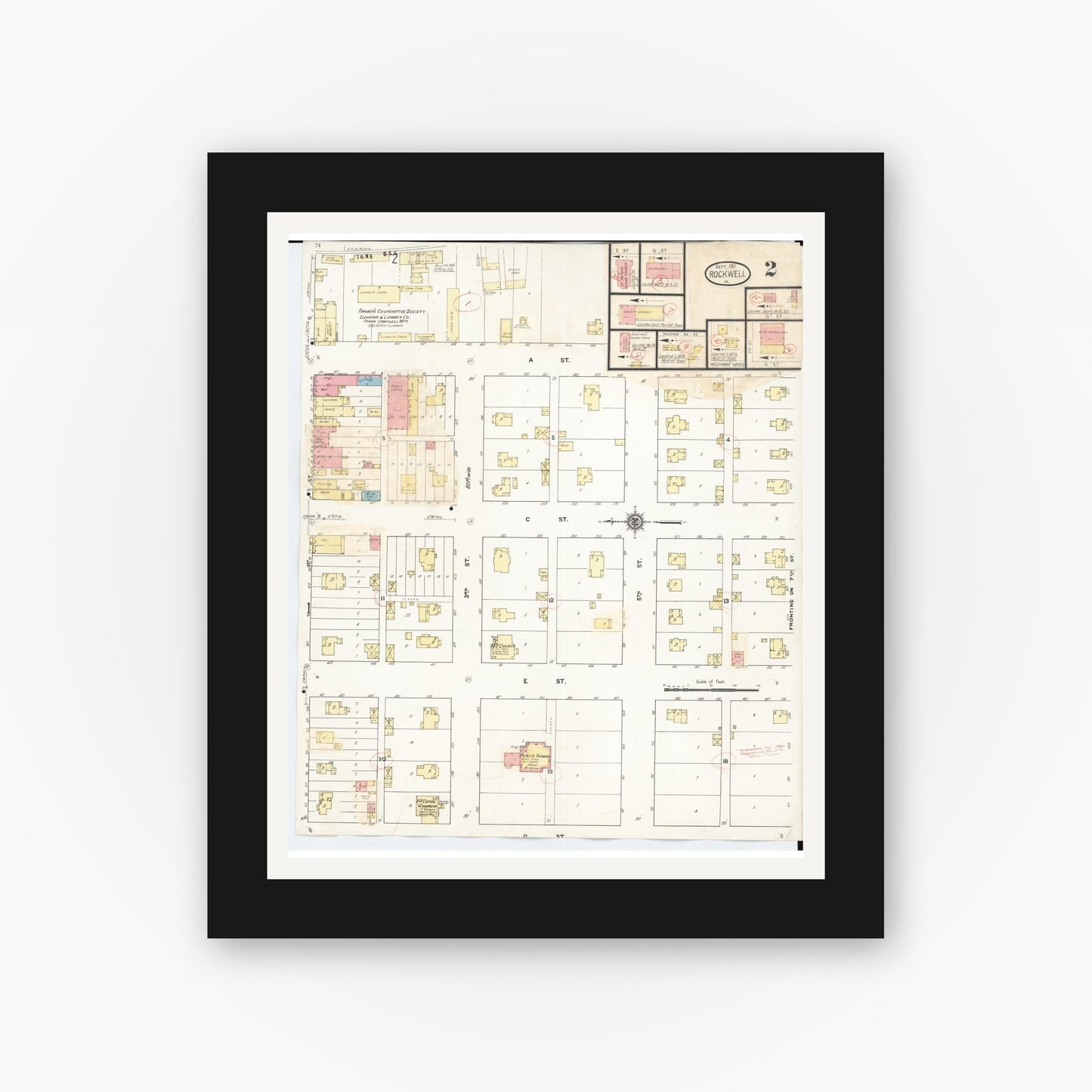 Old map wall art mockup — black gallery frame with white mat — Sanborn Fire Insurance Map from Rockwell, Cerro Gordo County, Iowa (1932), Sheet #0002