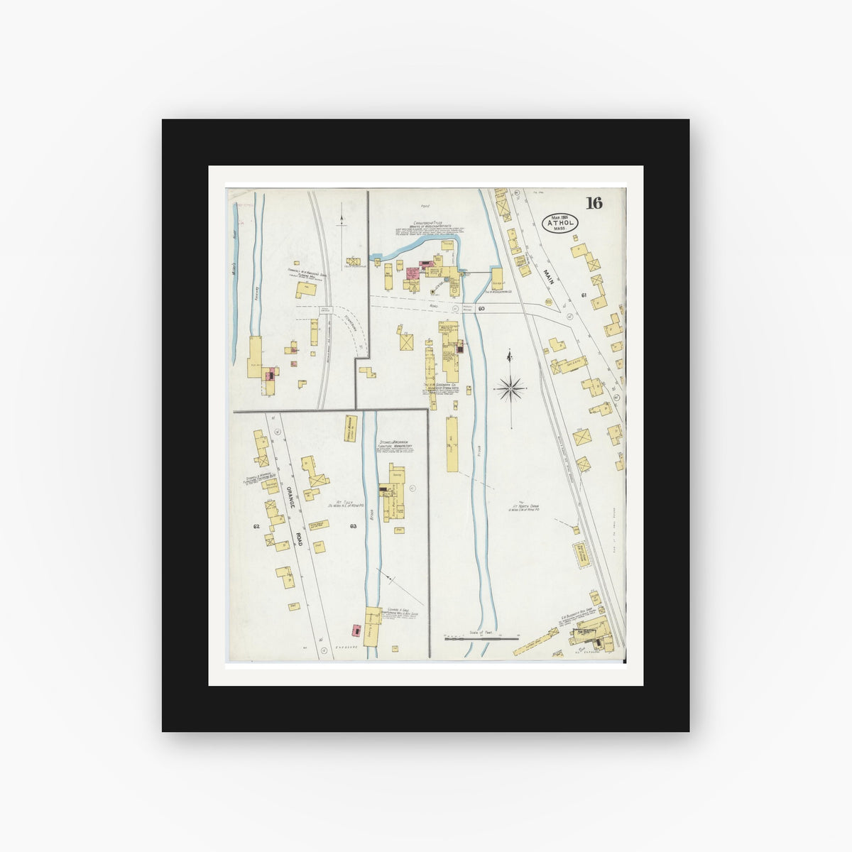 Old map wall art mockup — black gallery frame with white mat — Sanborn Fire Insurance Map from Athol, Worcester County, Massachusetts (1905), Sheet #0016