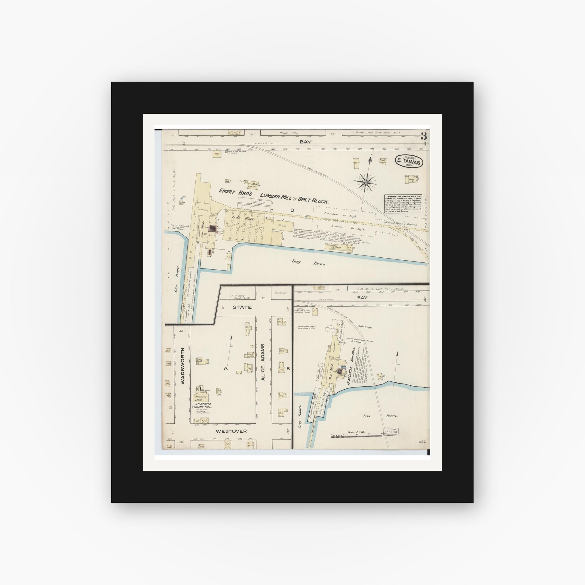 Old map wall art mockup — black gallery frame with white mat — Sanborn Fire Insurance Map from East Tawas, Iosco County, Michigan (1884), Sheet #0003