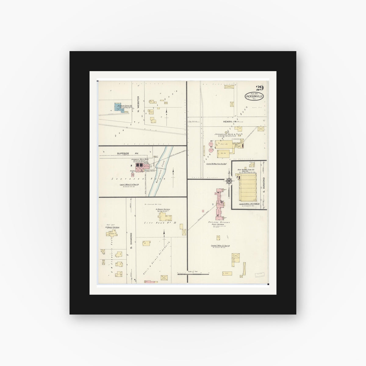 Old map wall art mockup — black gallery frame with white mat — Sanborn Fire Insurance Map from Jacksonville, Morgan County, Illinois (1914), Sheet #0029