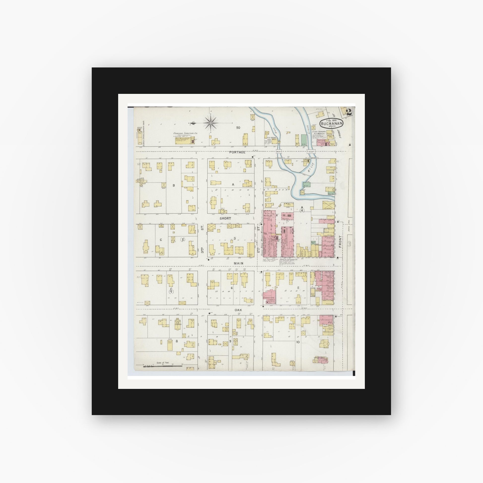 Old map wall art mockup — black gallery frame with white mat — Sanborn Fire Insurance Map from Buchanan, Berrien County, Michigan (1895), Sheet #0002