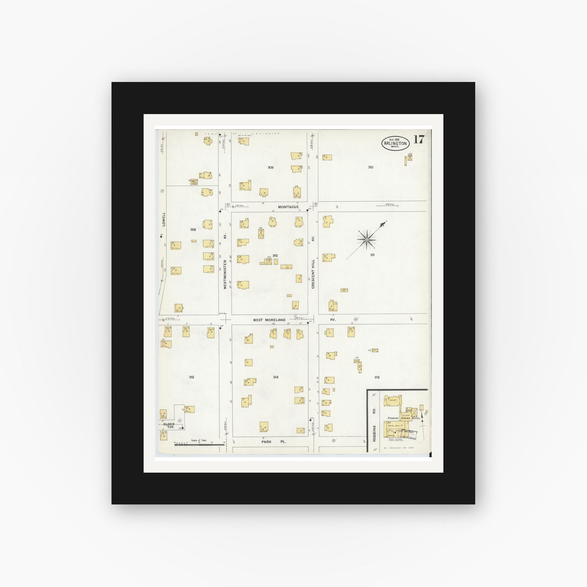 Old map wall art mockup — black gallery frame with white mat — Sanborn Fire Insurance Map from Arlington, Middlesex County, Massachusetts (1908), Sheet #0017