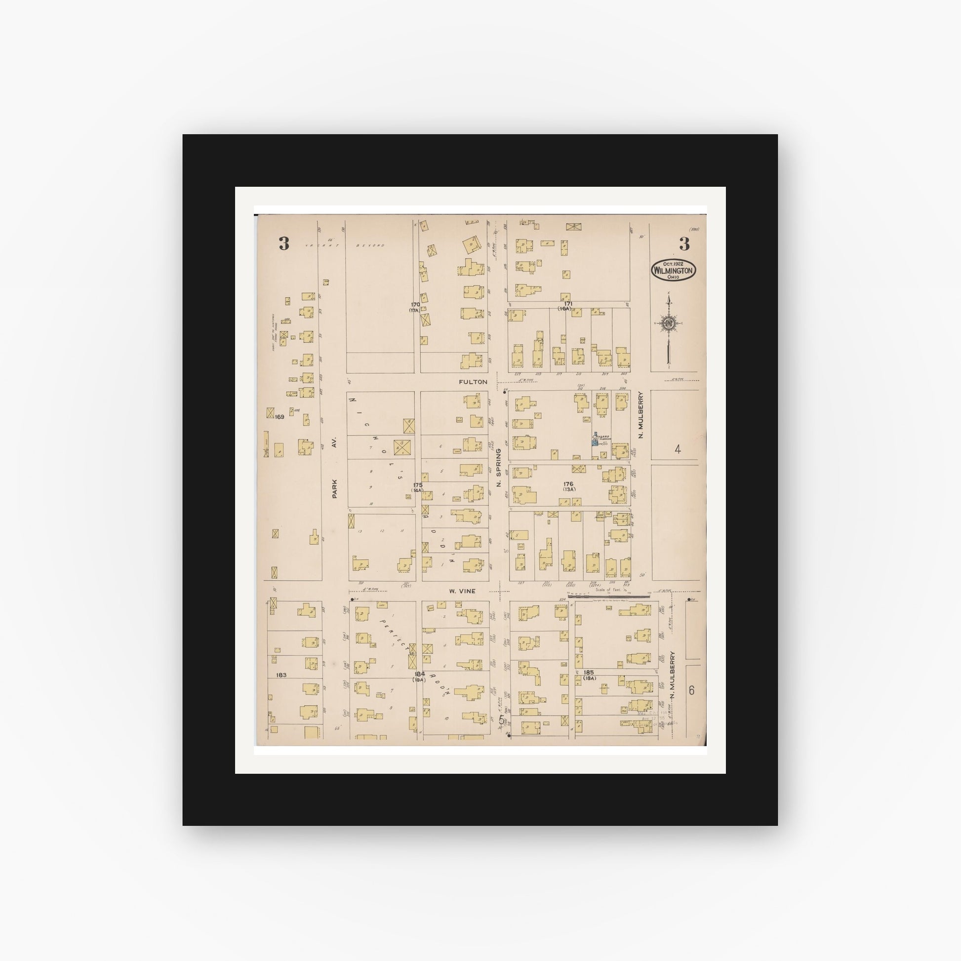 Old map wall art mockup — black gallery frame with white mat — Sanborn Fire Insurance Map from Wilmington, Clinton County, Ohio (1922), Sheet #0003