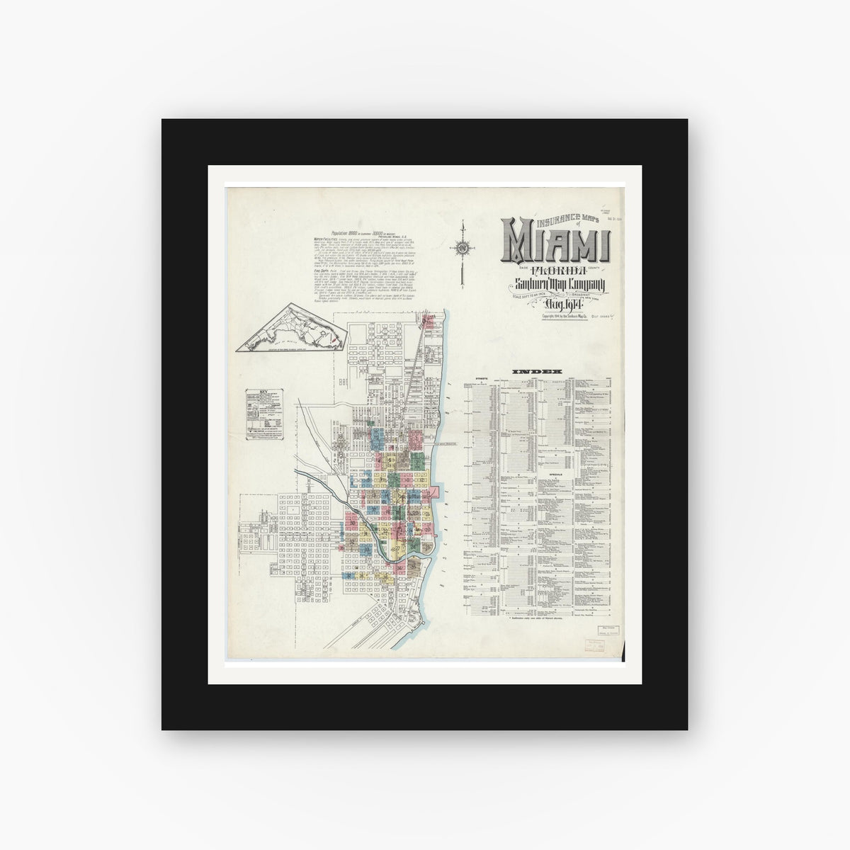 Old map wall art mockup — black gallery frame with white mat — Sanborn Fire Insurance Map from Miami, Dade County, Florida (1914) - Complete Map Set