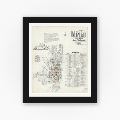 Old map wall art mockup — black gallery frame with white mat — Sanborn Fire Insurance Map from Miami, Dade County, Florida (1914) - Complete Map Set
