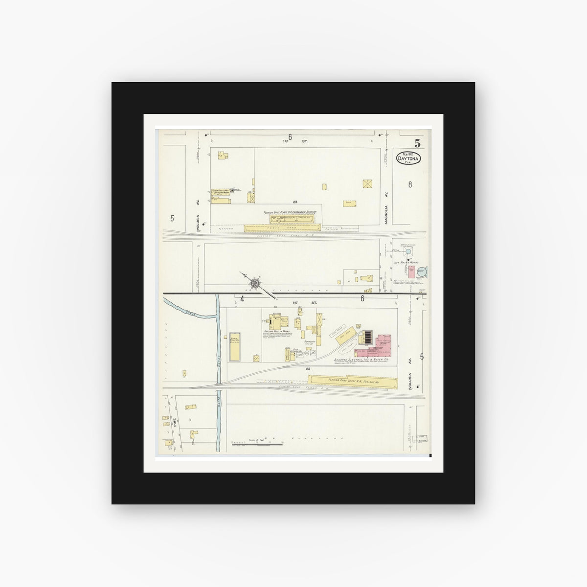 Old map wall art mockup — black gallery frame with white mat — Sanborn Fire Insurance Map from Daytona, Volusia County, Florida (1912), Sheet #0005
