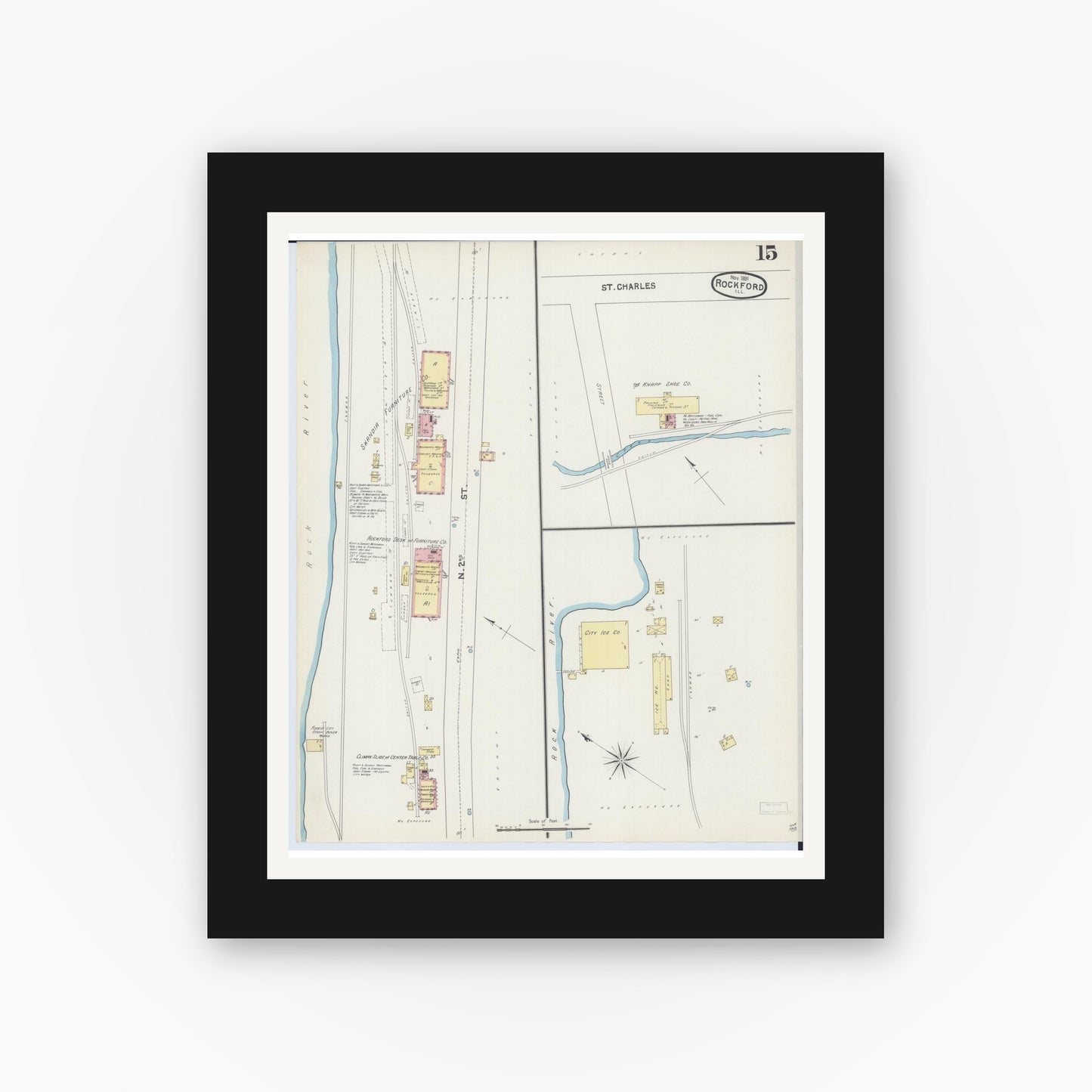 Old map wall art mockup — black gallery frame with white mat — Sanborn Fire Insurance Map from Rockford, Winnebago County, Illinois (1891), Sheet #0015
