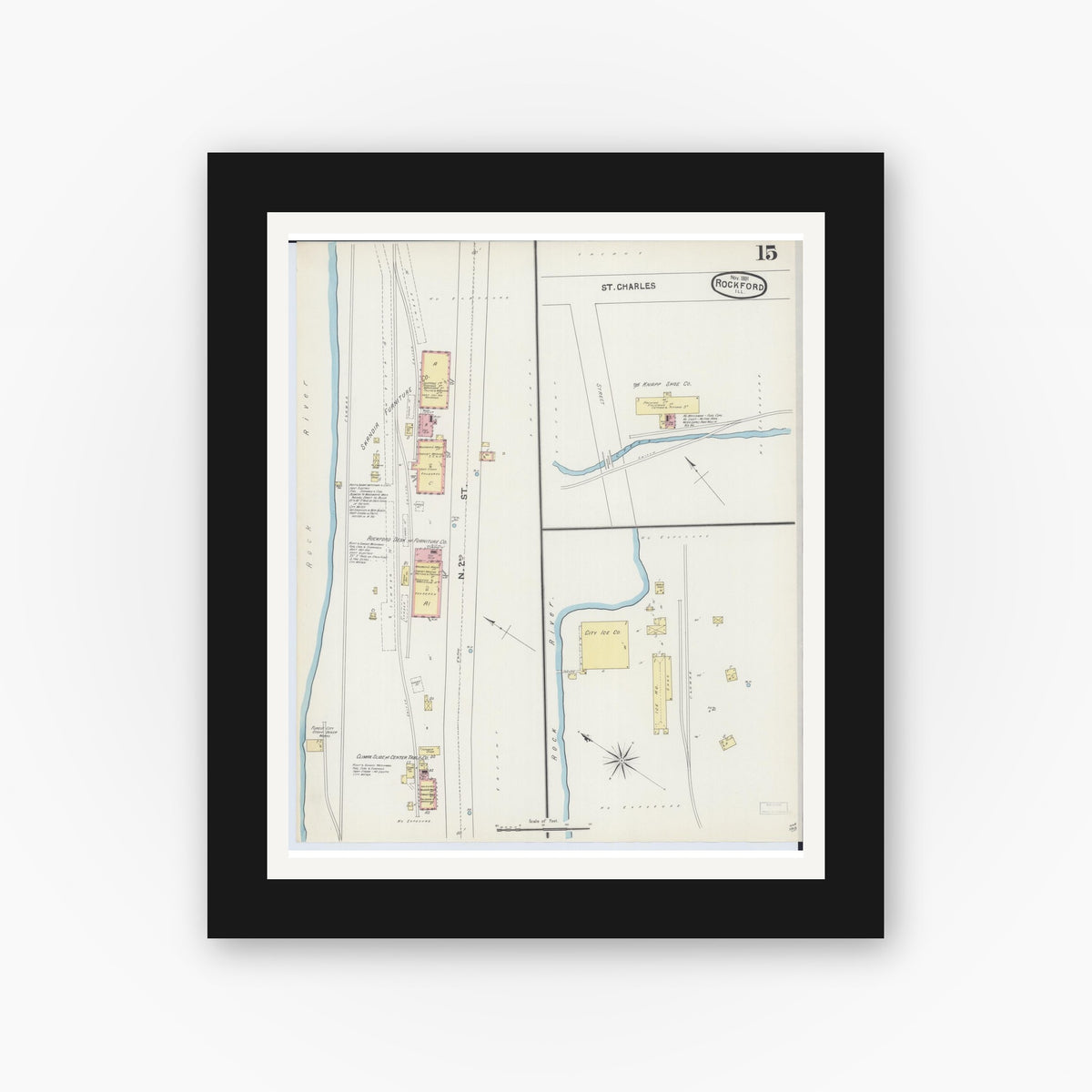 Old map wall art mockup — black gallery frame with white mat — Sanborn Fire Insurance Map from Rockford, Winnebago County, Illinois (1891), Sheet #0015