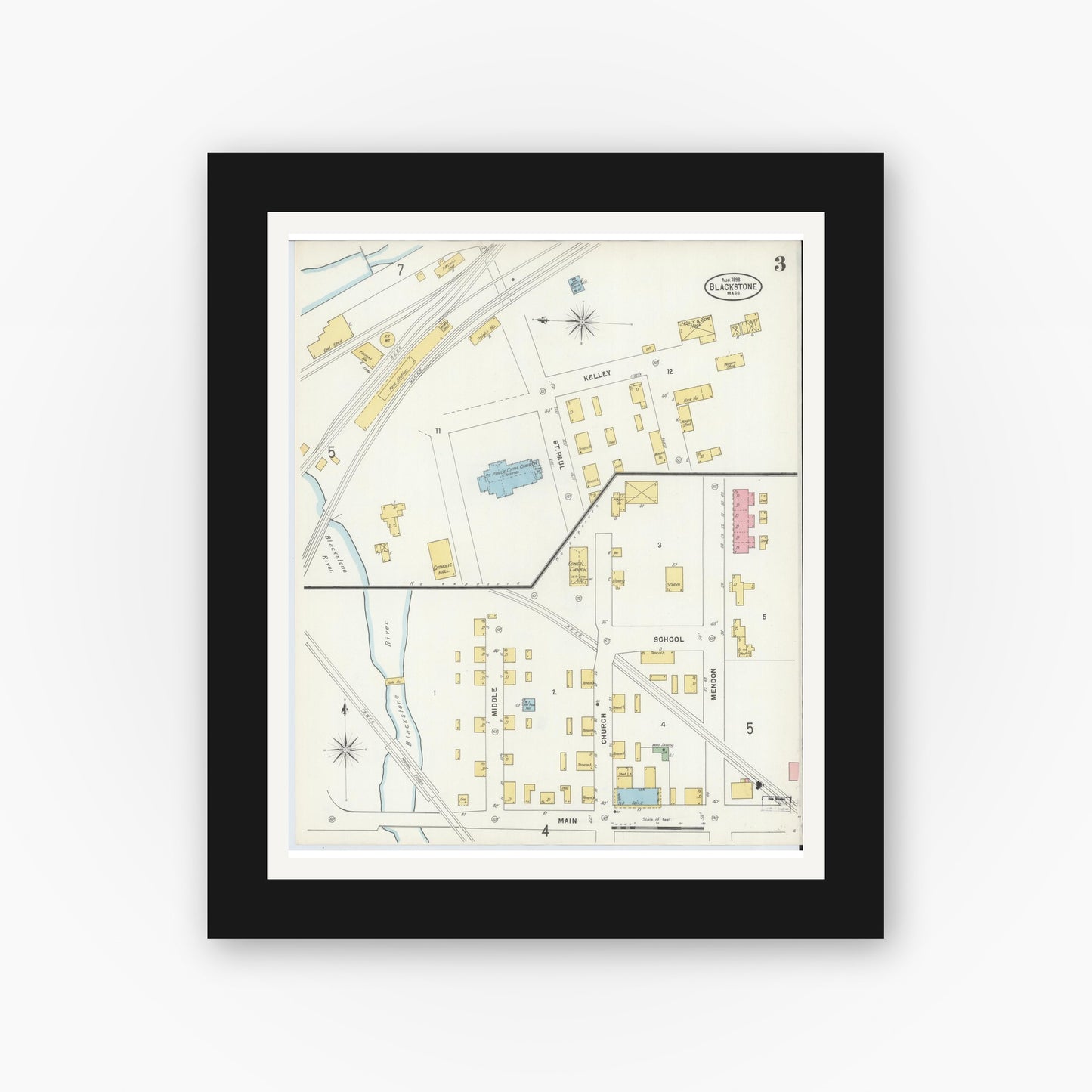 Old map wall art mockup — black gallery frame with white mat — Sanborn Fire Insurance Map from Blackstone, Worcester County, Massachusetts (1898), Sheet #0003
