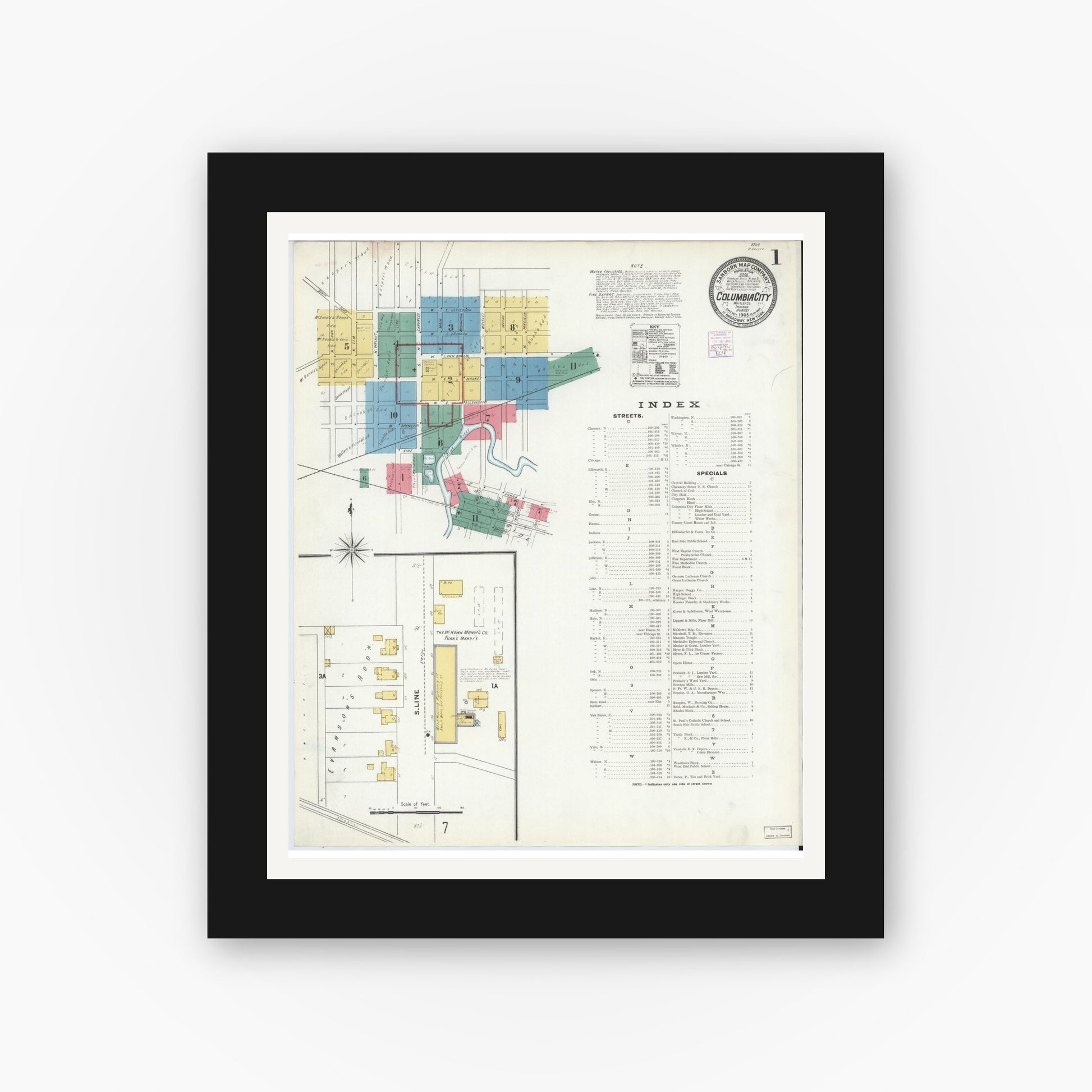 Old map wall art mockup — black gallery frame with white mat — Sanborn Fire Insurance Map from Columbia City, Whitley County, Indiana (1905) - Complete Map Set