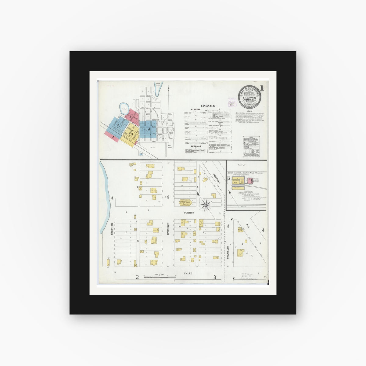 Old map wall art mockup — black gallery frame with white mat — Sanborn Fire Insurance Map from Fosston, Polk County, Minnesota (1905) - Complete Map Set