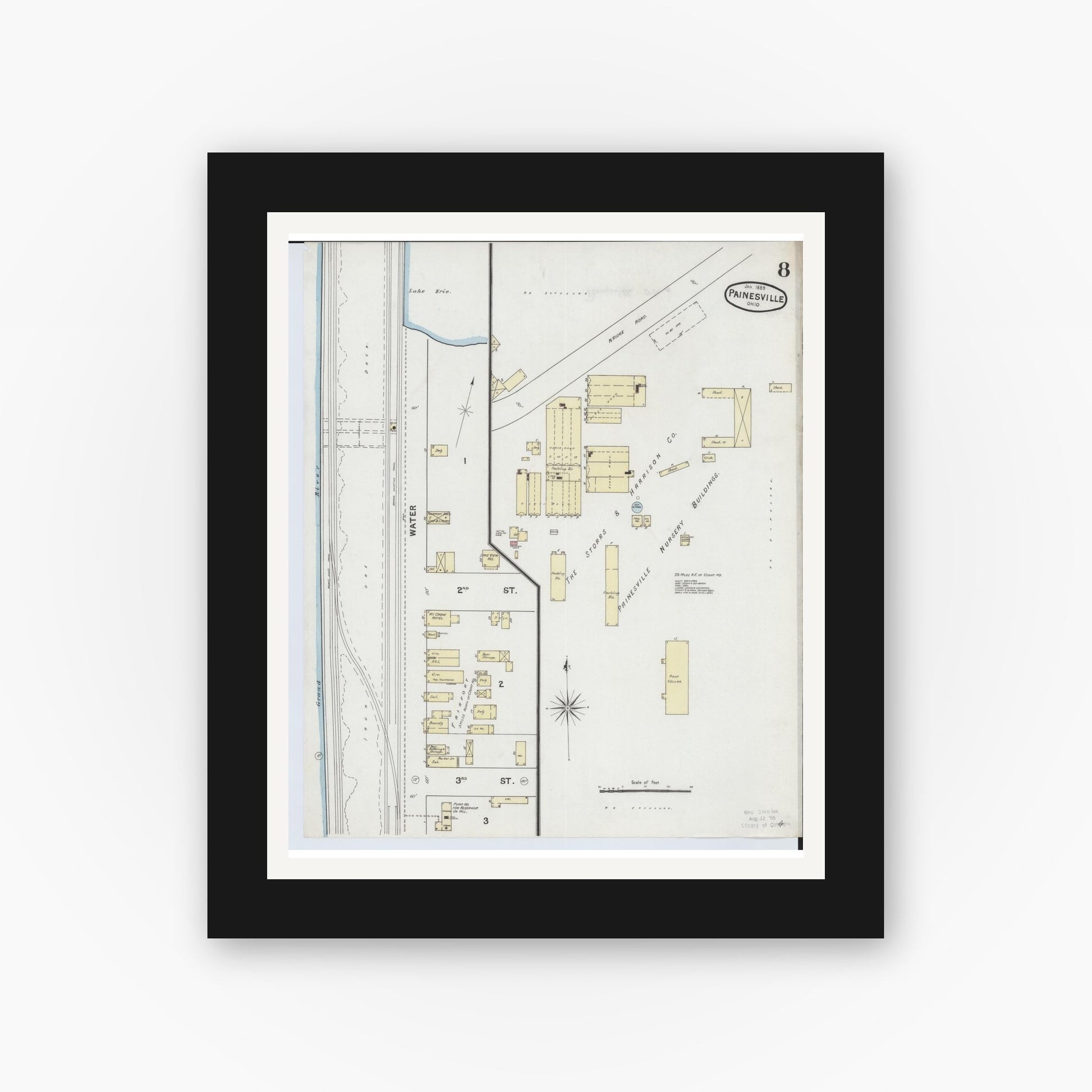 Old map wall art mockup — black gallery frame with white mat — Sanborn Fire Insurance Map from Painesville, Lake County, Ohio (1889), Sheet #0008