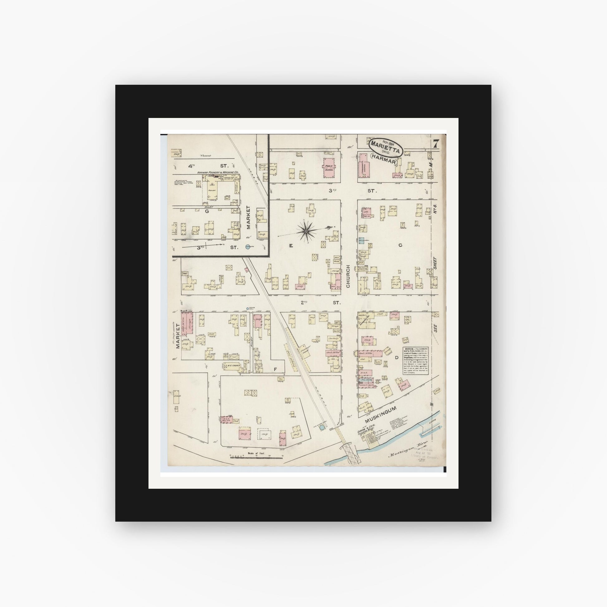 Old map wall art mockup — black gallery frame with white mat — Sanborn Fire Insurance Map from Marietta, Washington County, Ohio (1884), Sheet #0007