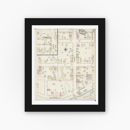 Old map wall art mockup — black gallery frame with white mat — Sanborn Fire Insurance Map from Marietta, Washington County, Ohio (1884), Sheet #0007