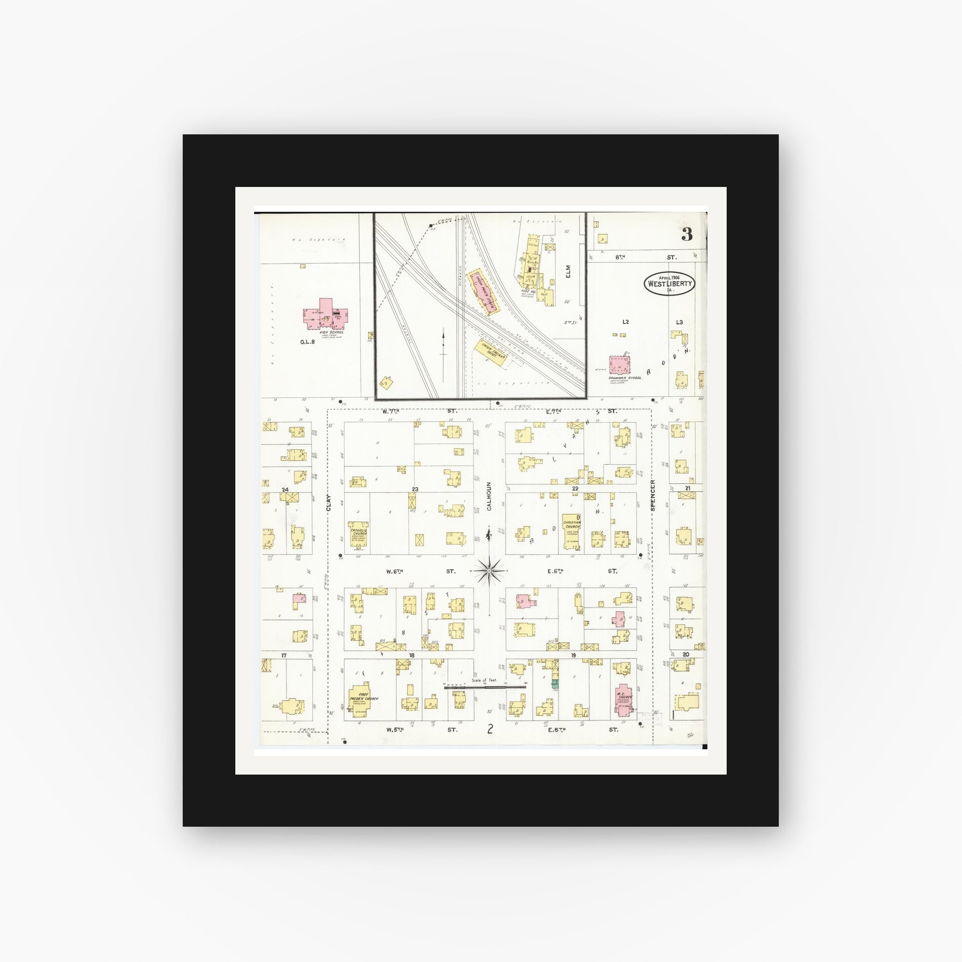 Old map wall art mockup — black gallery frame with white mat — Sanborn Fire Insurance Map from West Liberty, Muscatine County, Iowa (1906), Sheet #0003