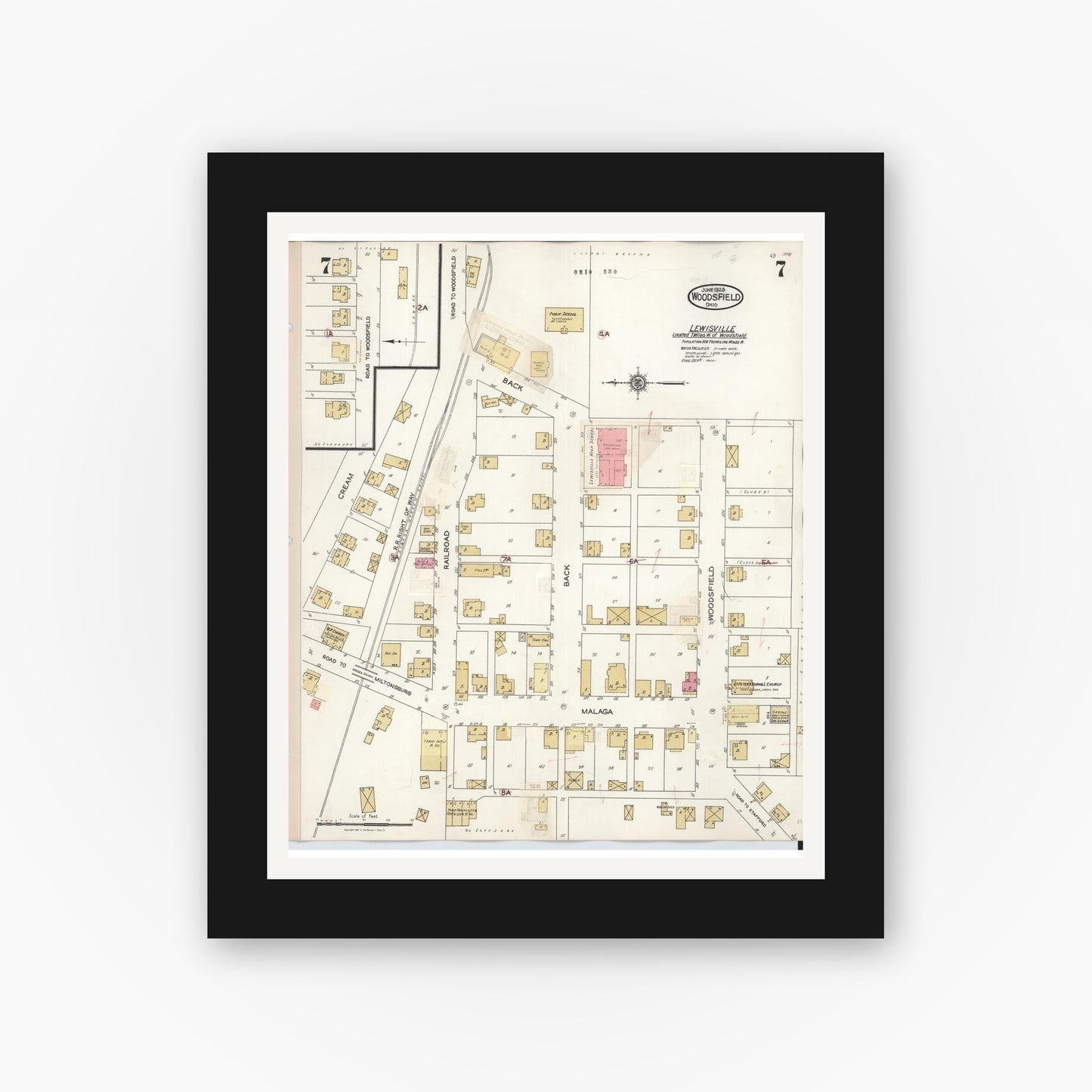 Old map wall art mockup — black gallery frame with white mat — Sanborn Fire Insurance Map from Woodsfield, Monroe County, Ohio (1949), Sheet #0007