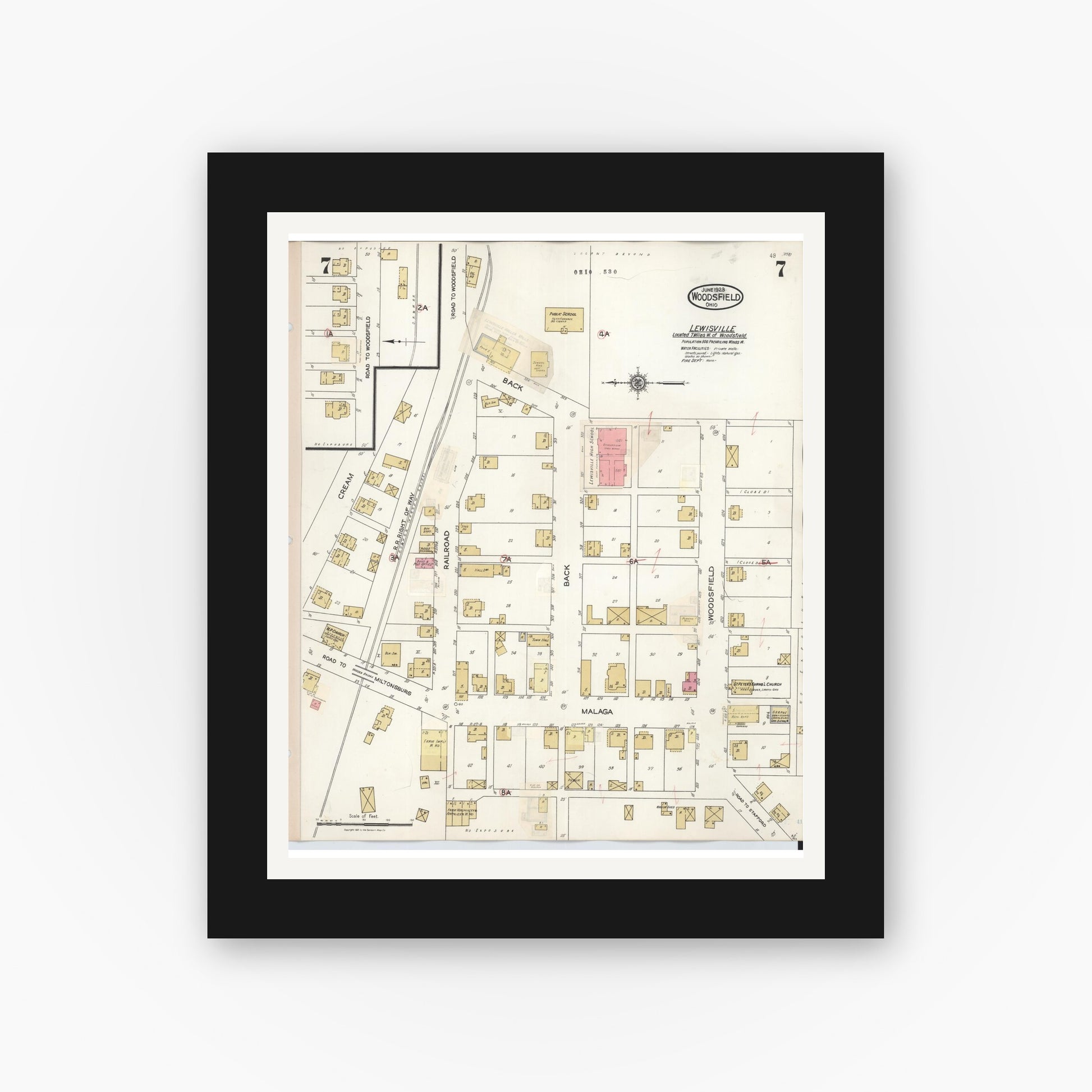 Old map wall art mockup — black gallery frame with white mat — Sanborn Fire Insurance Map from Woodsfield, Monroe County, Ohio (1949), Sheet #0007