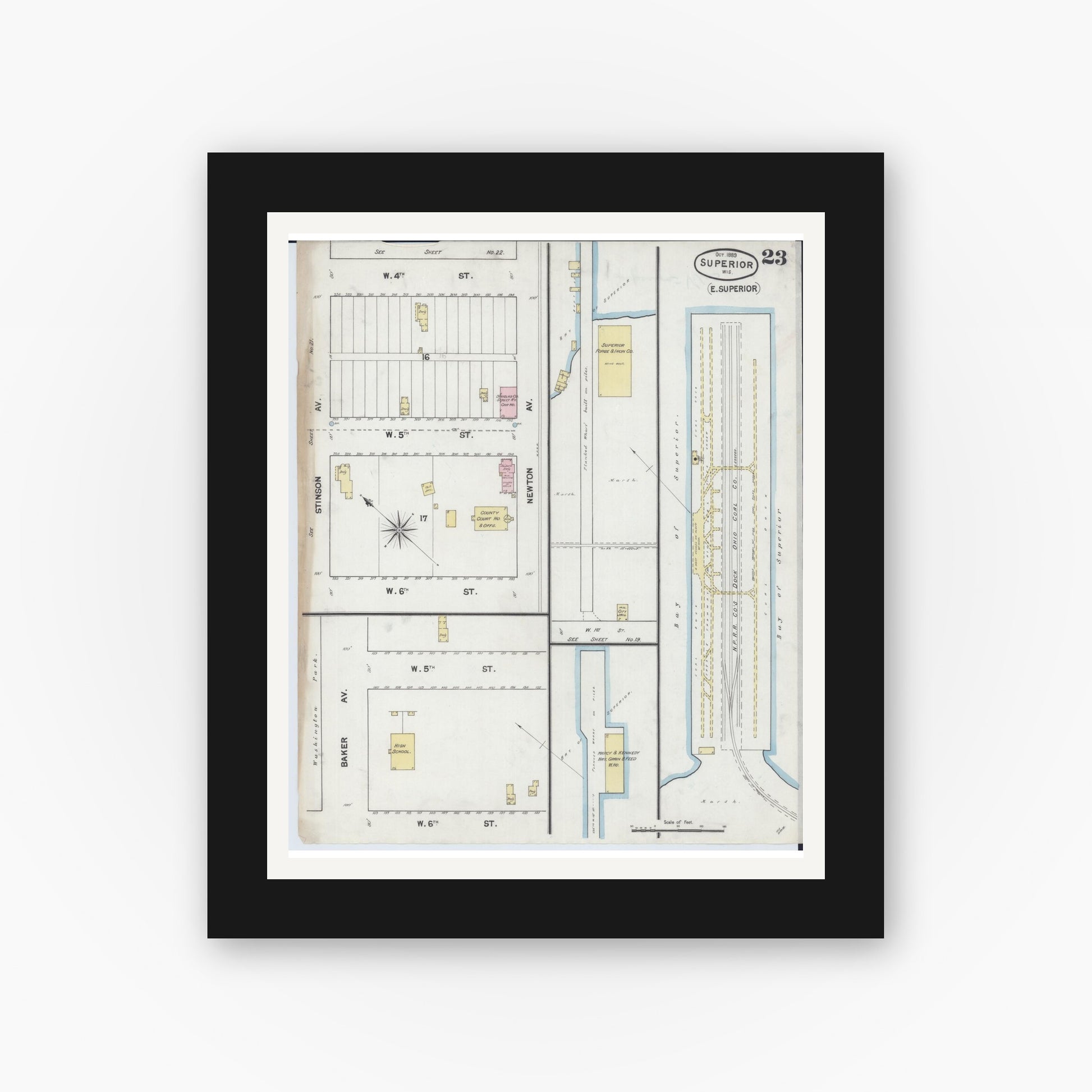 Old map wall art mockup — black gallery frame with white mat — Sanborn Fire Insurance Map from Superior, Douglas County, Wisconsin (1889), Sheet #0023