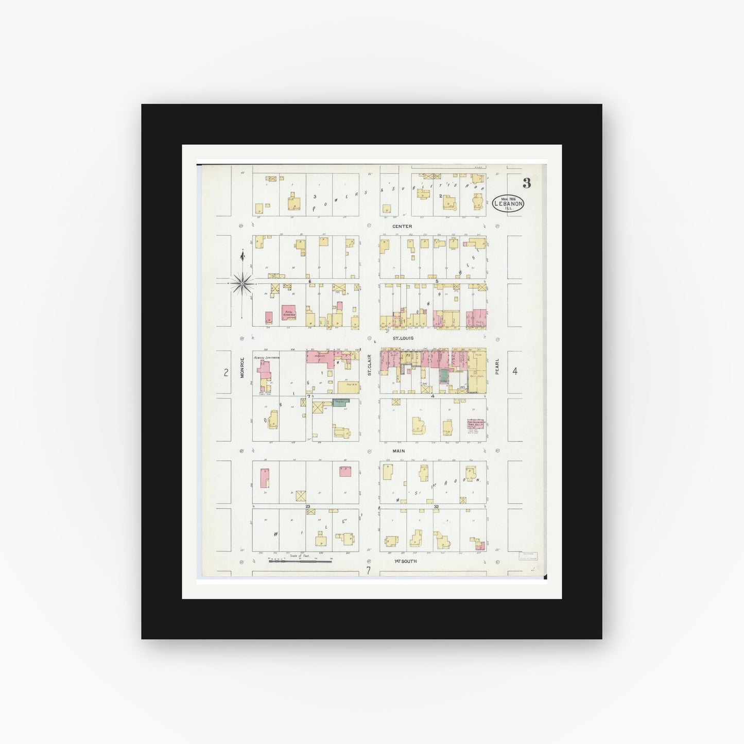 Old map wall art mockup — black gallery frame with white mat — Sanborn Fire Insurance Map from Lebanon, Saint Clair County, Illinois (1906), Sheet #0003