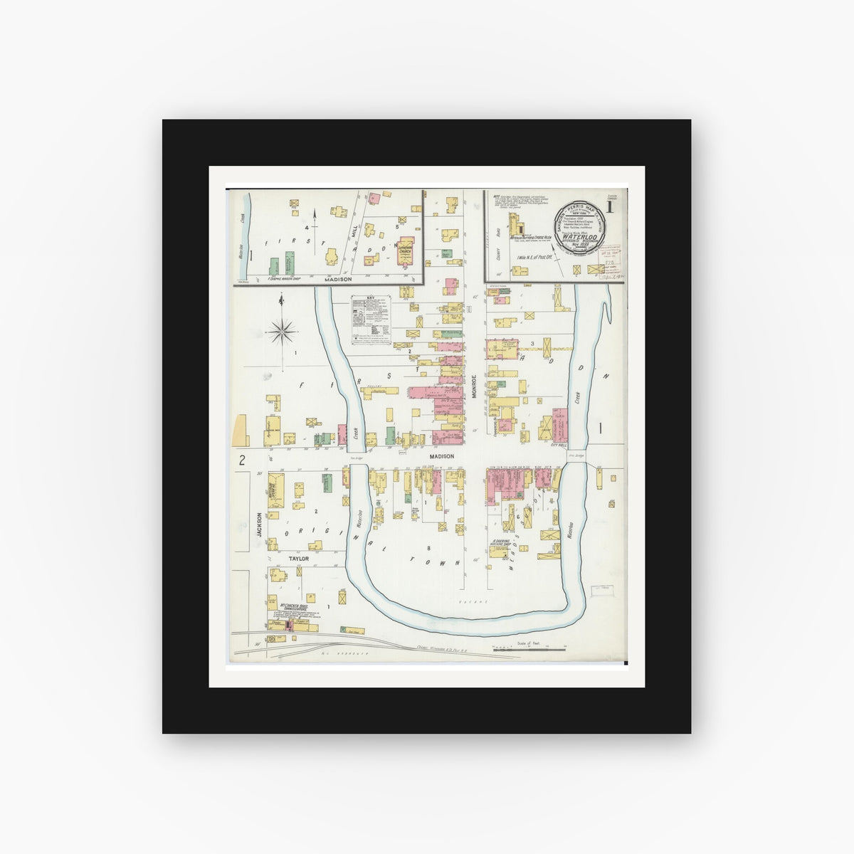 Old map wall art mockup — black gallery frame with white mat — Sanborn Fire Insurance Map from Waterloo, Jefferson County, Wisconsin (1899) - Complete Map Set