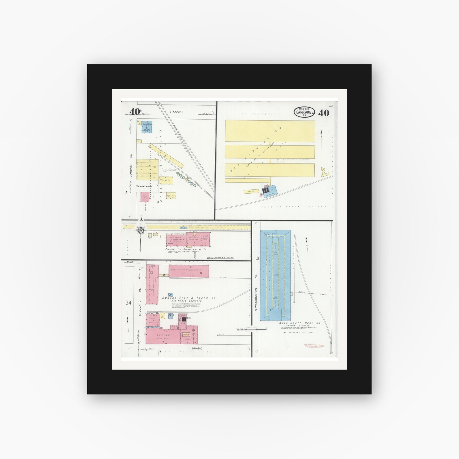 Old map wall art mockup — black gallery frame with white mat — Sanborn Fire Insurance Map from Kankakee, Kankakee County, Illinois (1930), Sheet #0040