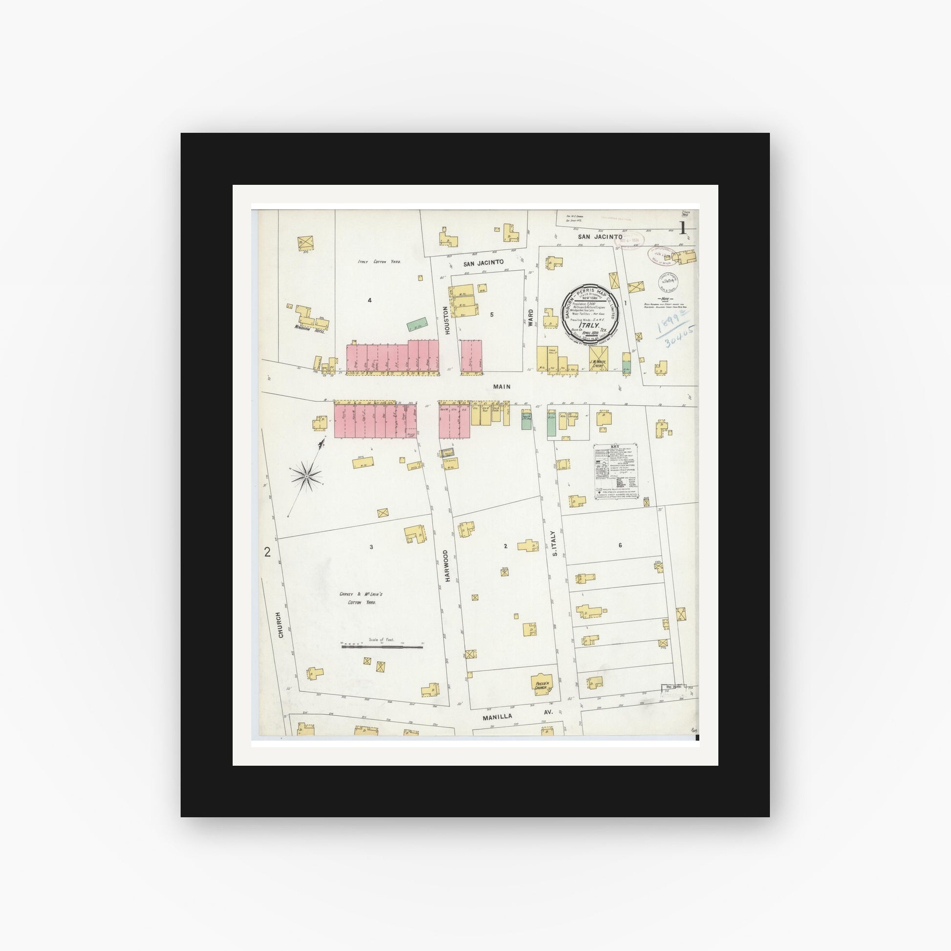 Old map wall art mockup — black gallery frame with white mat — Sanborn Fire Insurance Map from Italy, Ellis County, Texas (1899) - Complete Map Set