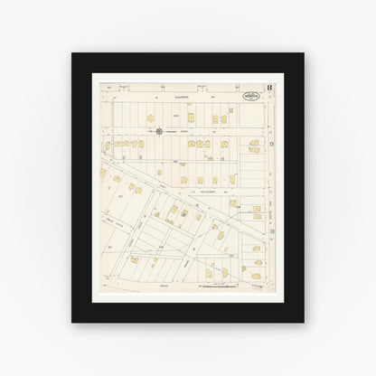 Old map wall art mockup — black gallery frame with white mat — Sanborn Fire Insurance Map from Monrovia, Los Angeles County, California (1913), Sheet #0008