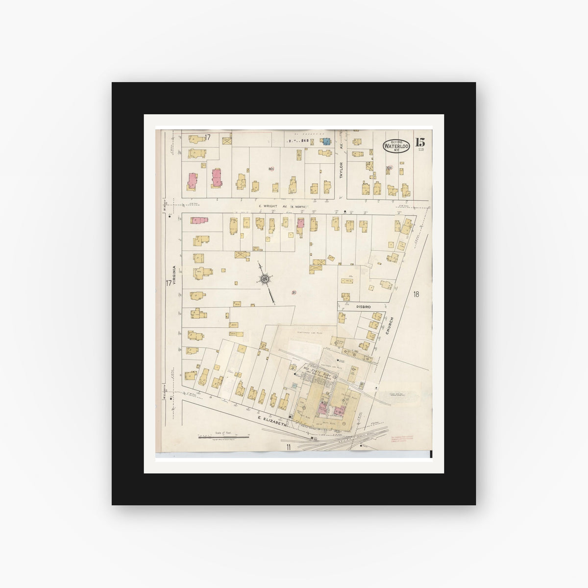 Old map wall art mockup — black gallery frame with white mat — Sanborn Fire Insurance Map from Waterloo, Seneca County, New York (1948), Sheet #0015