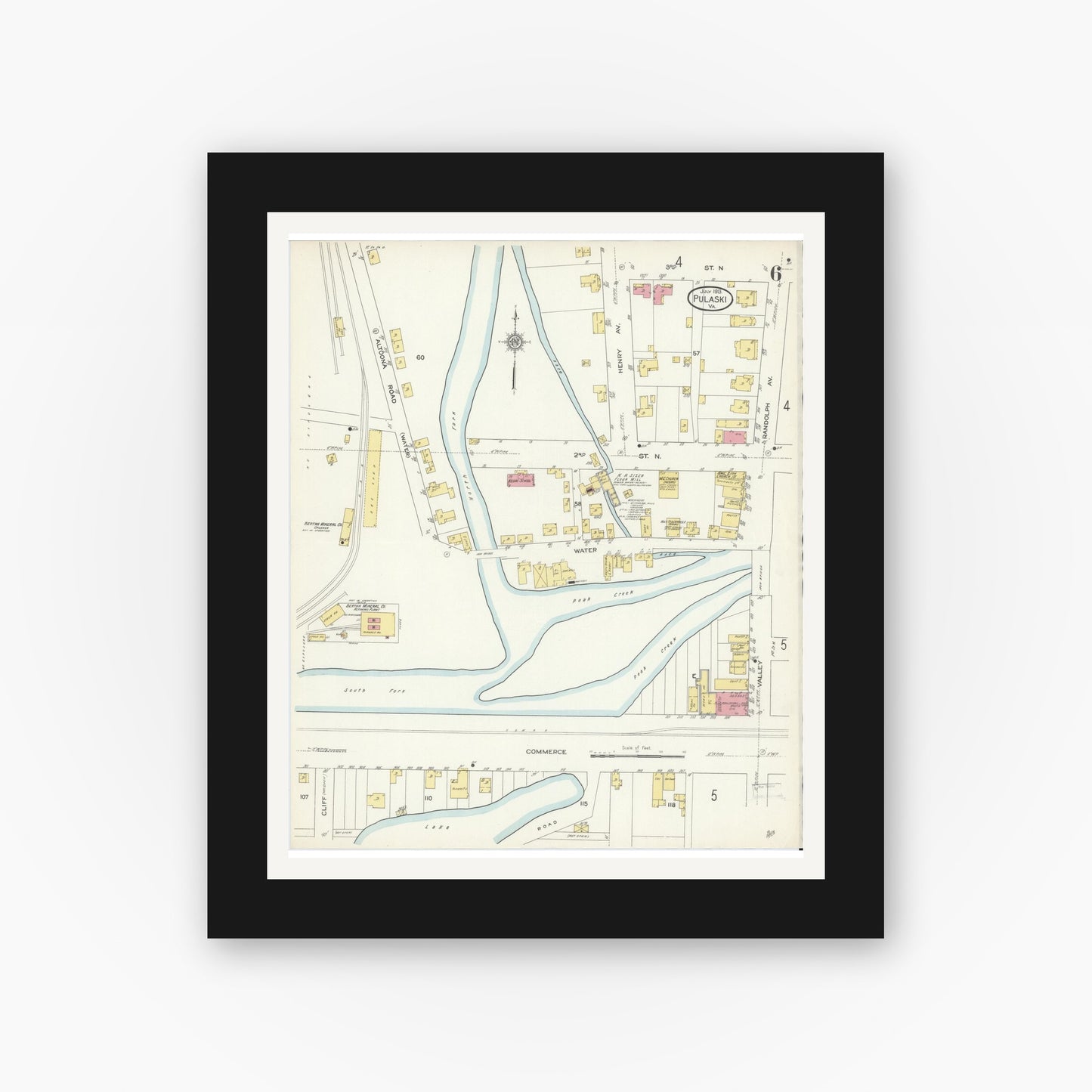 Old map wall art mockup — black gallery frame with white mat — Sanborn Fire Insurance Map from Pulaski, Pulaski County, Virginia (1913), Sheet #0006