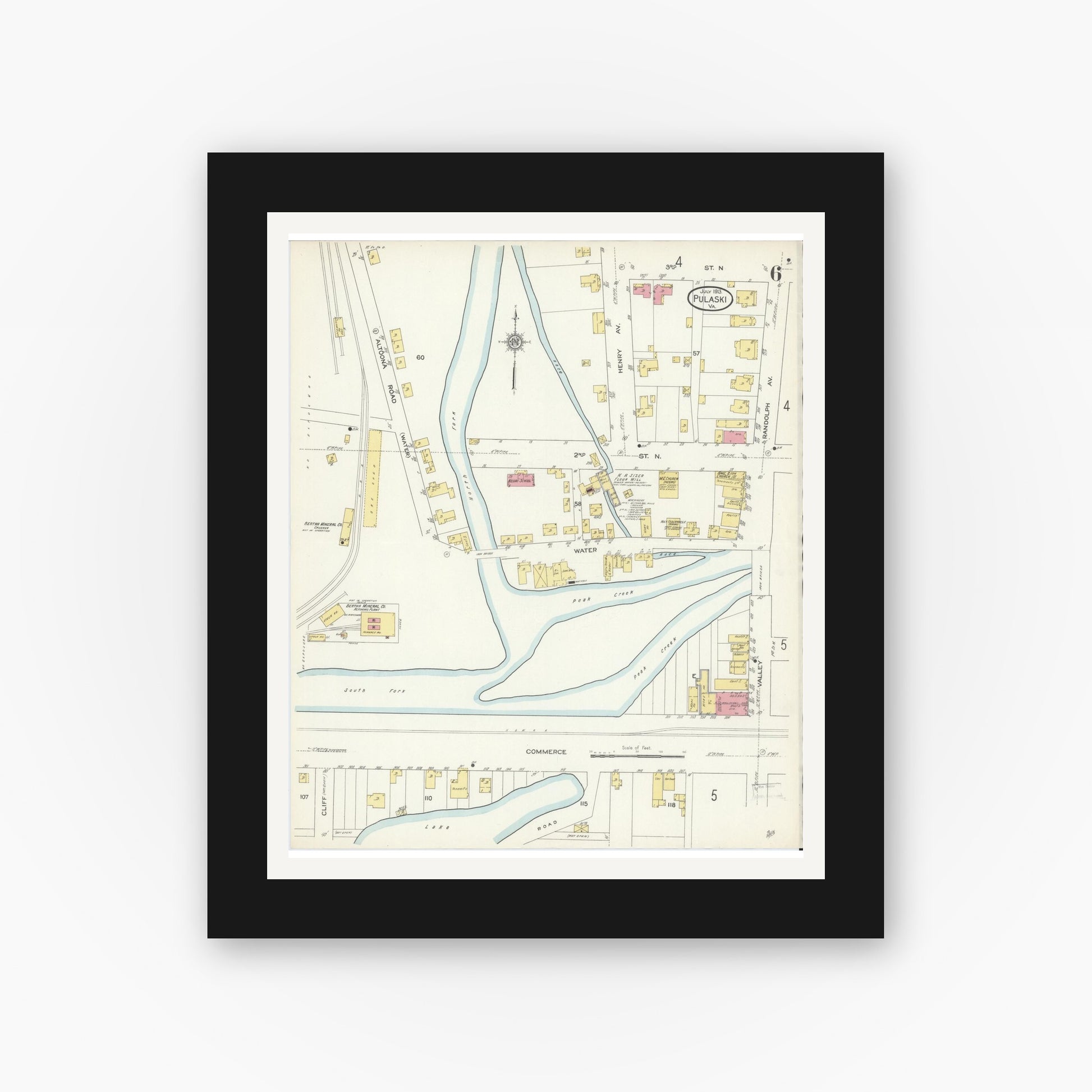 Old map wall art mockup — black gallery frame with white mat — Sanborn Fire Insurance Map from Pulaski, Pulaski County, Virginia (1913), Sheet #0006