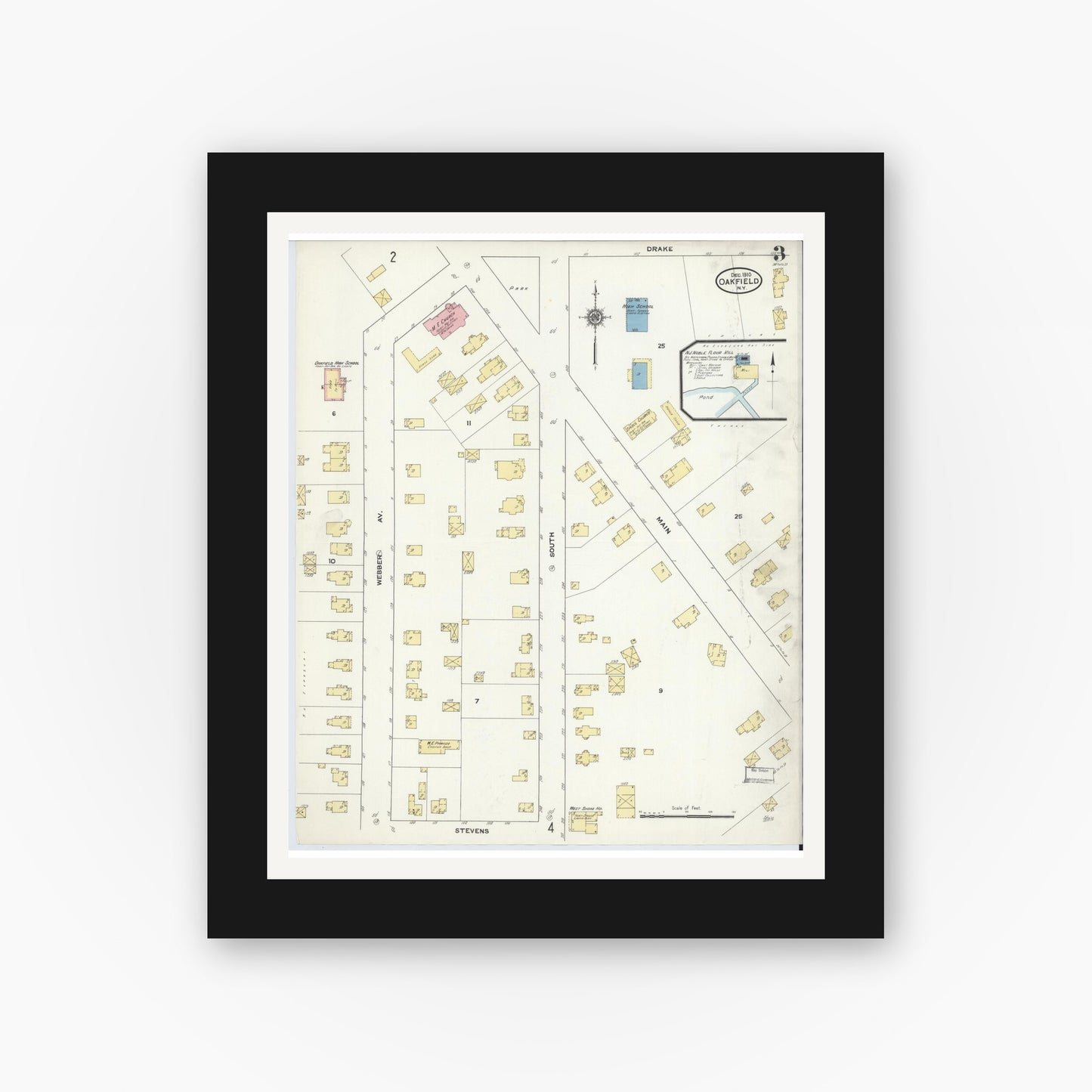 Old map wall art mockup — black gallery frame with white mat — Sanborn Fire Insurance Map from Oakfield, Genesee County, New York (1910), Sheet #0003