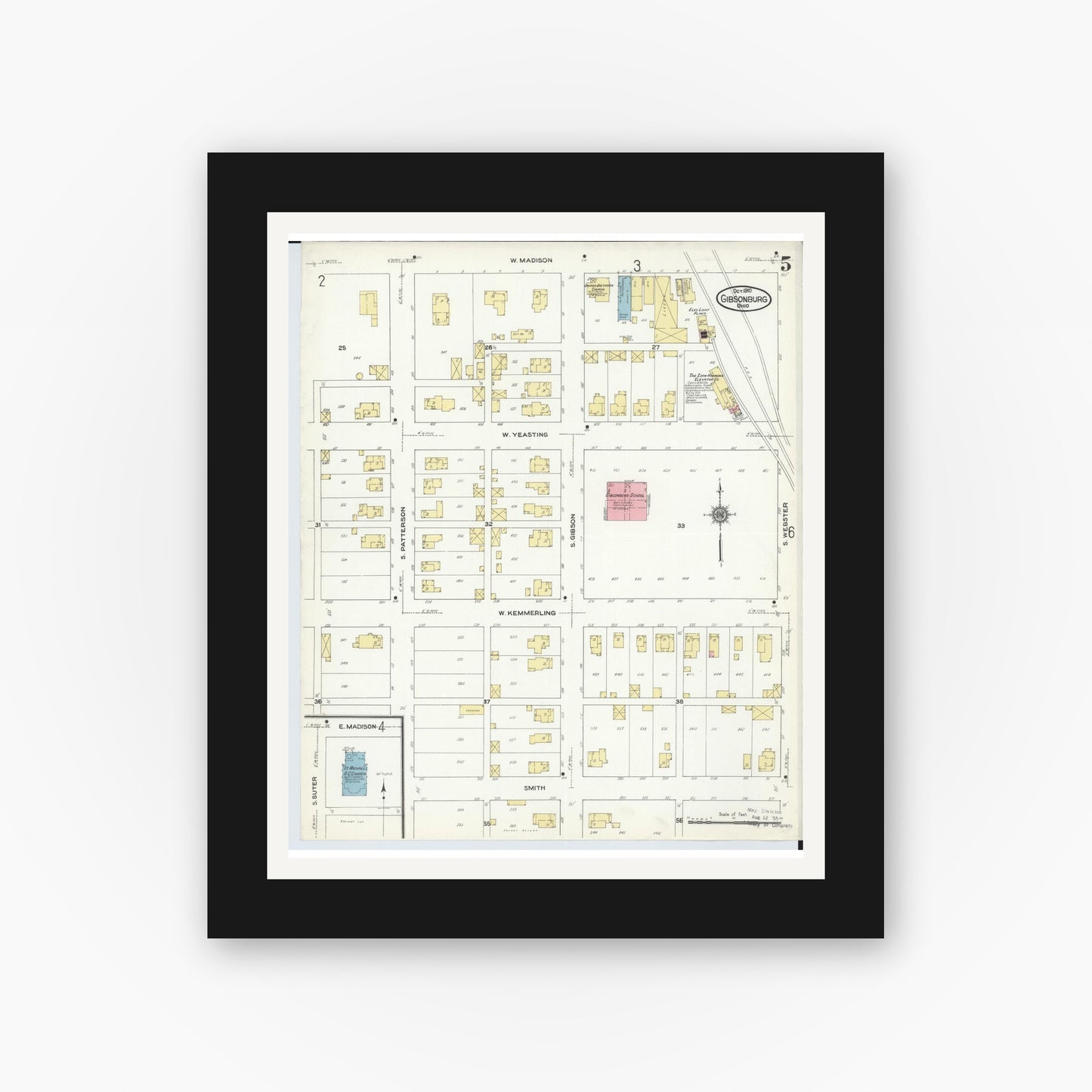 Old map wall art mockup — black gallery frame with white mat — Sanborn Fire Insurance Map from Gibsonburg, Sandusky County, Ohio (1910), Sheet #0005