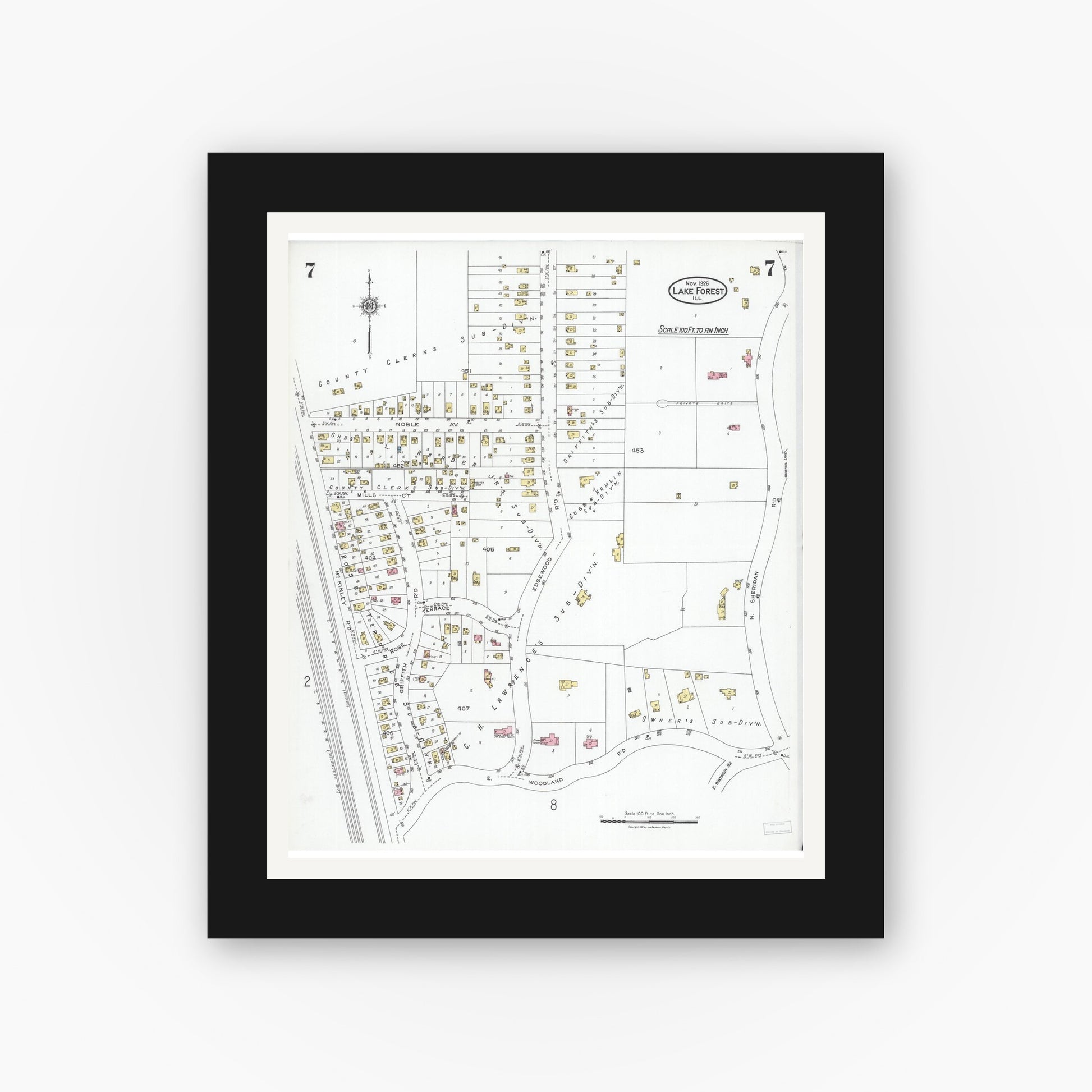 Old map wall art mockup — black gallery frame with white mat — Sanborn Fire Insurance Map from Lake Forest, Lake County, Illinois (1926), Sheet #0007