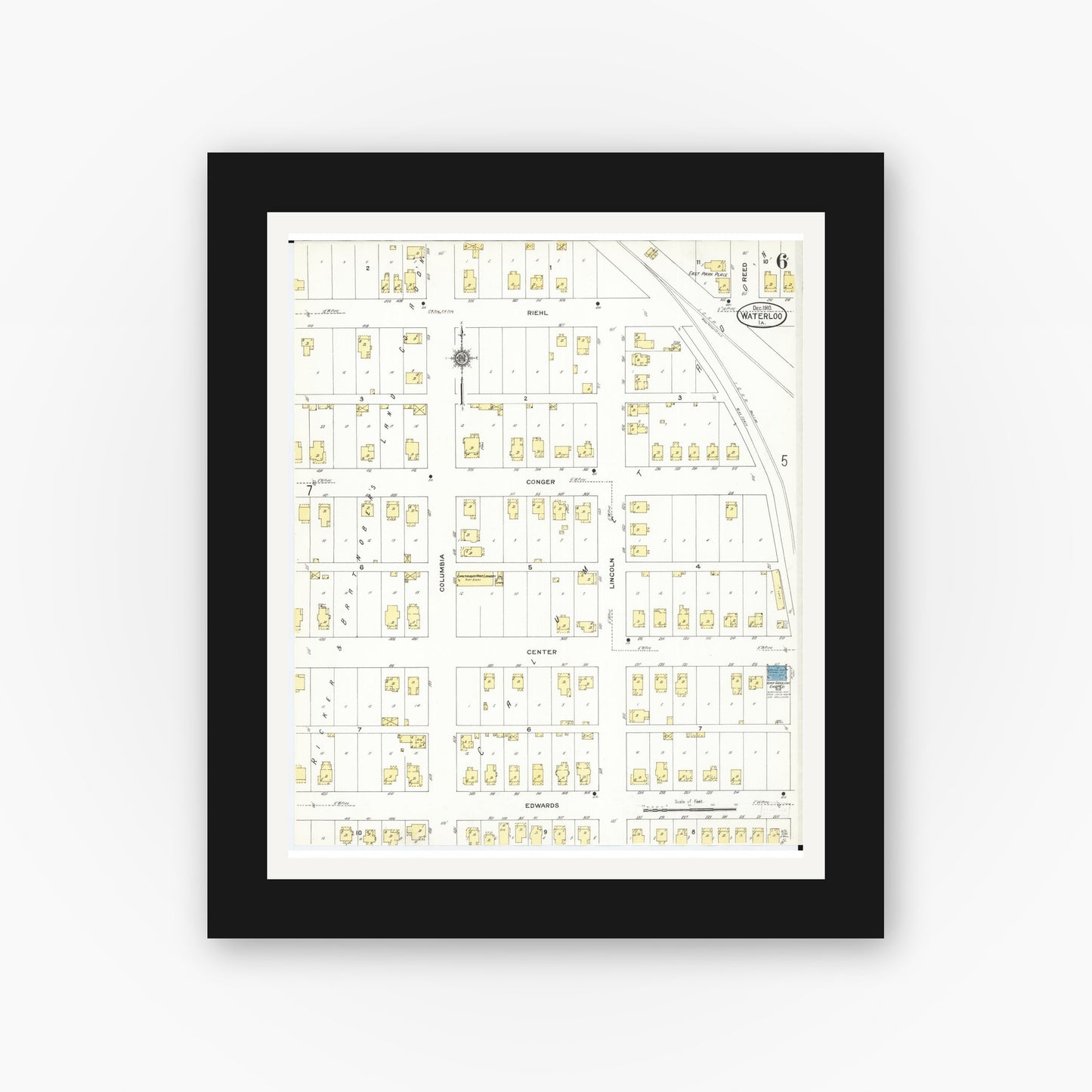 Old map wall art mockup — black gallery frame with white mat — Sanborn Fire Insurance Map from Waterloo, Black Hawk County, Iowa (1910), Sheet #0006