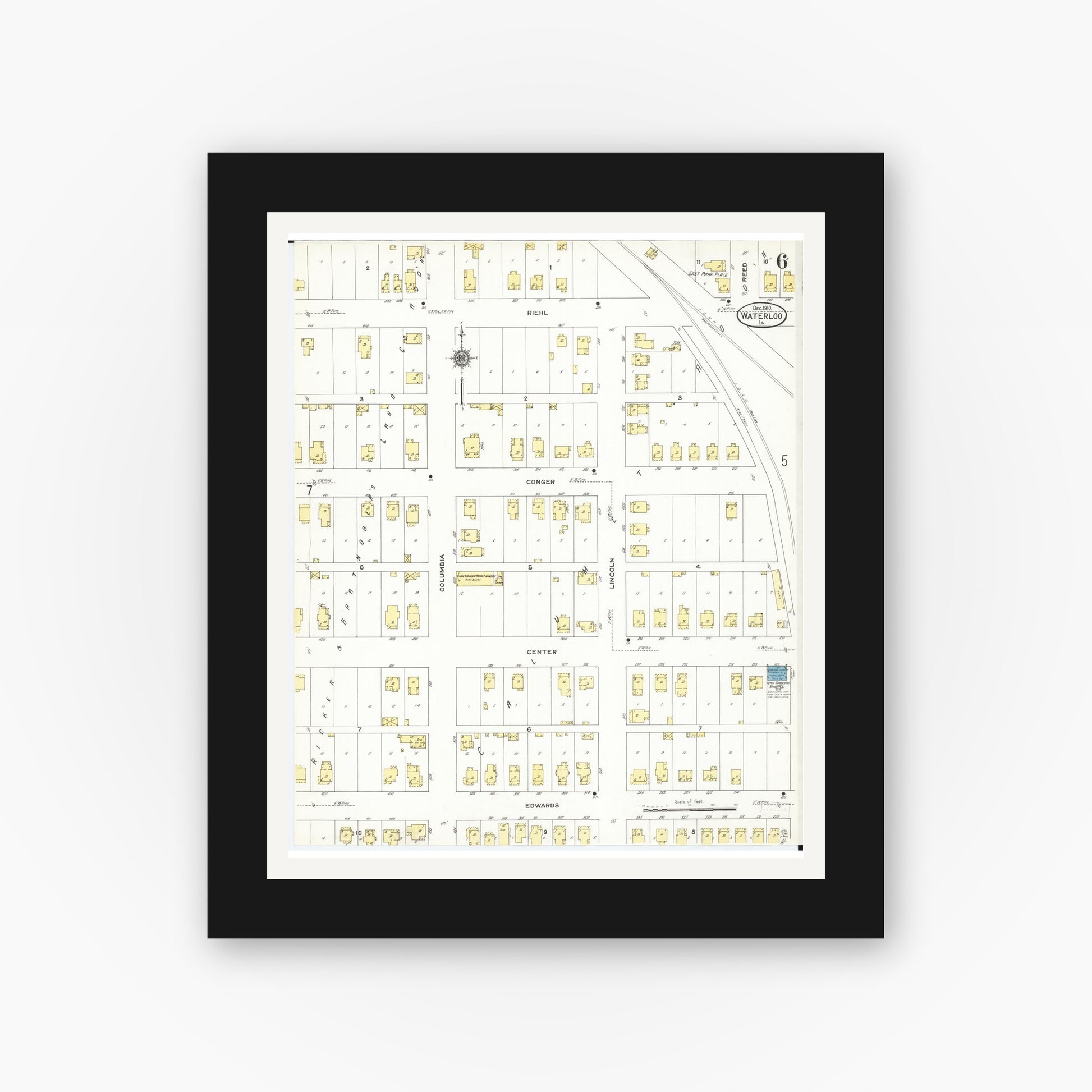 Old map wall art mockup — black gallery frame with white mat — Sanborn Fire Insurance Map from Waterloo, Black Hawk County, Iowa (1910), Sheet #0006