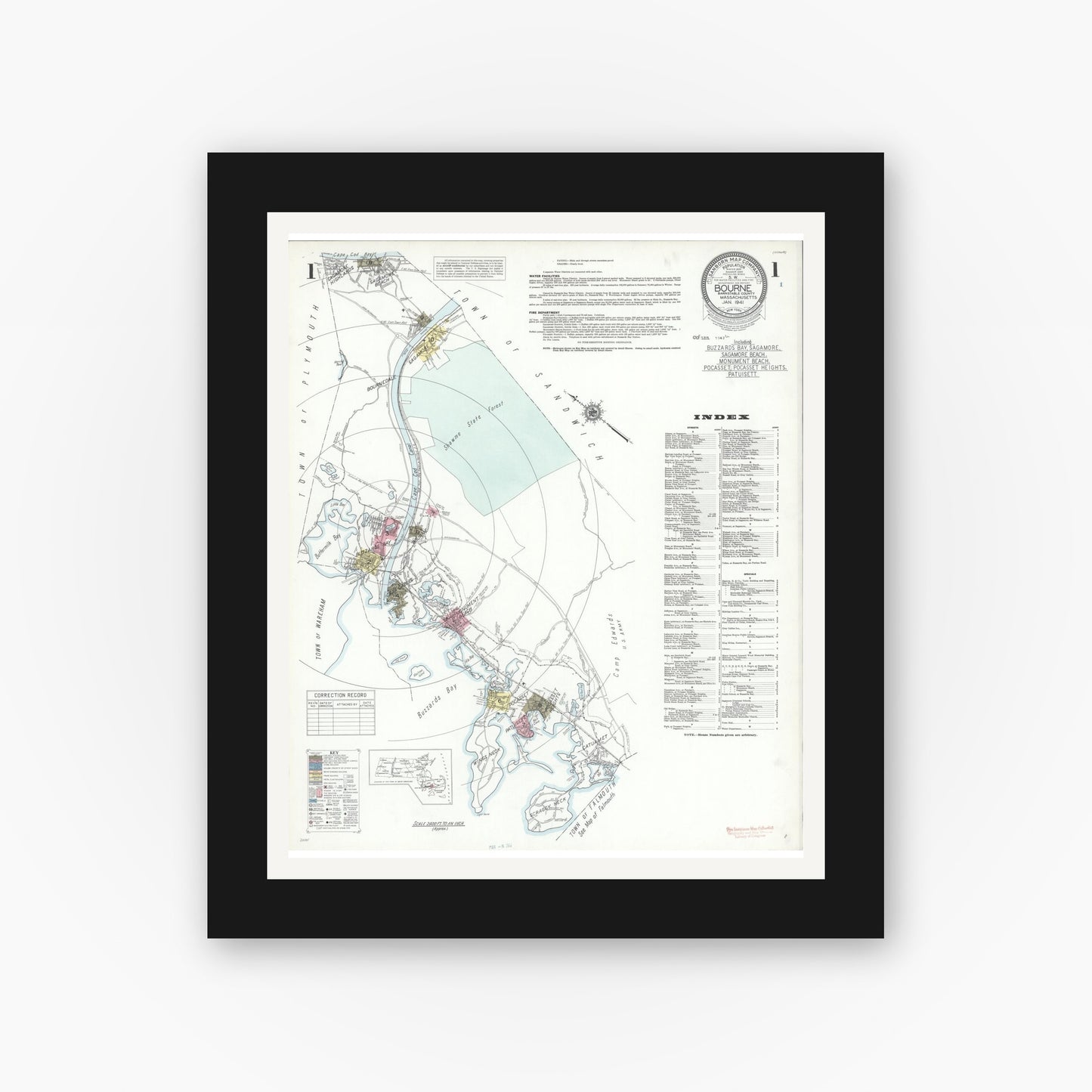 Old map wall art mockup — black gallery frame with white mat — Sanborn Fire Insurance Map from Bourne, Barnstable County, Massachusetts (1941), Sheet #0001