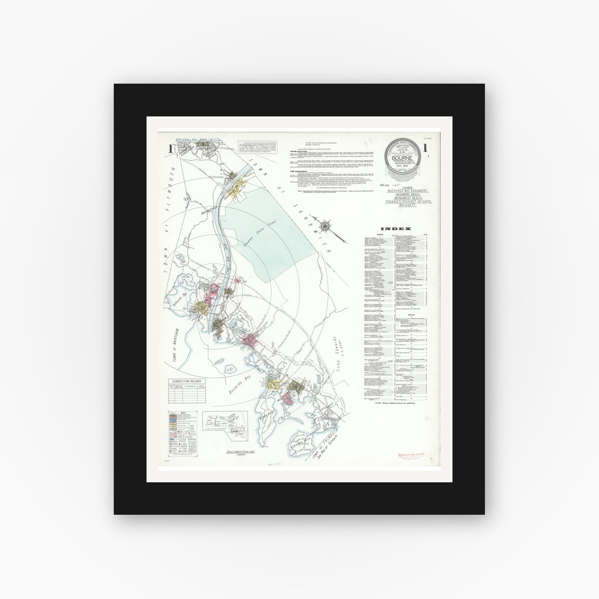 Old map wall art mockup — black gallery frame with white mat — Sanborn Fire Insurance Map from Bourne, Barnstable County, Massachusetts (1941), Sheet #0001